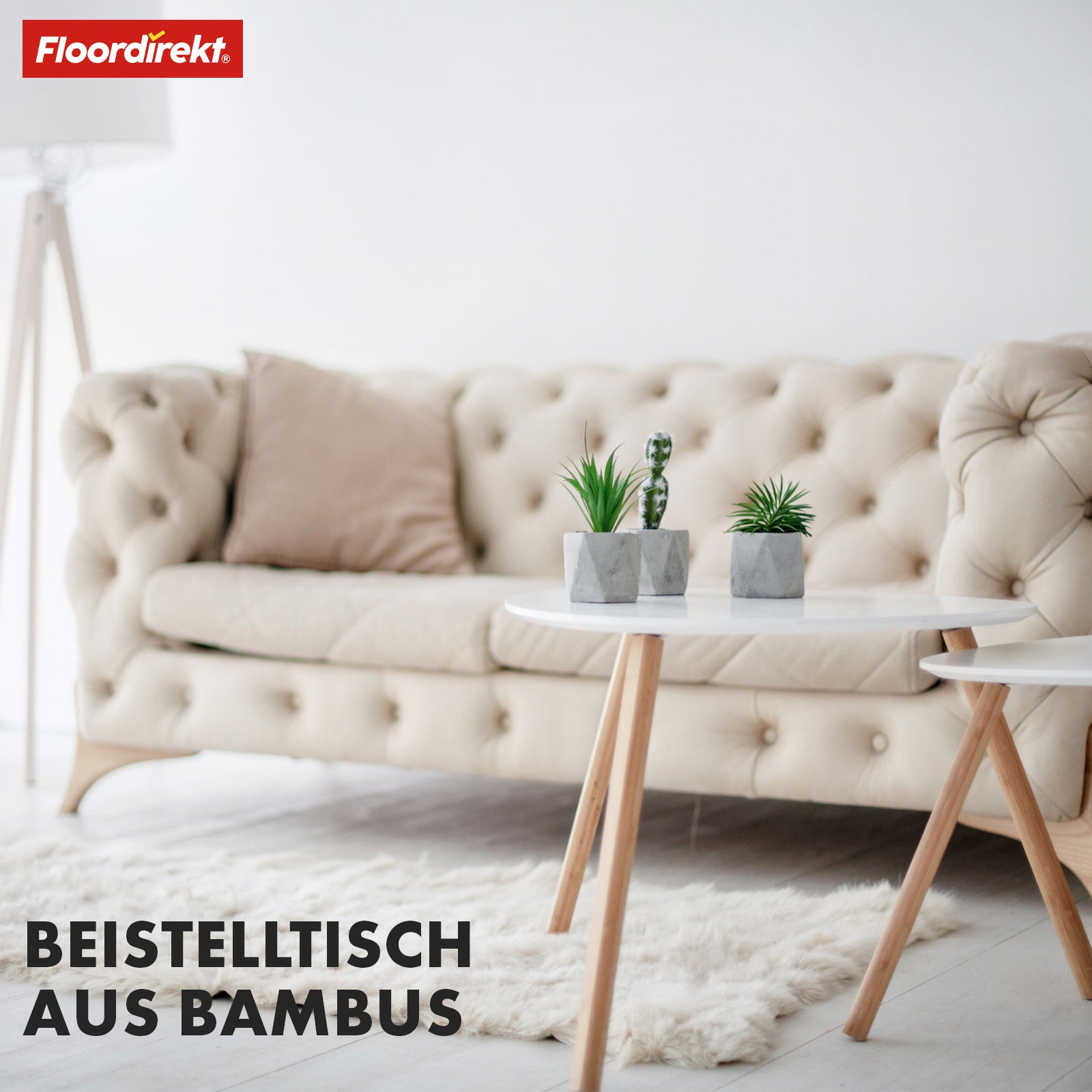 Couchtisch-Set | Oregon | 2er Set Beistelltisch mit Bambusbeinen und Weißer Tischplatte