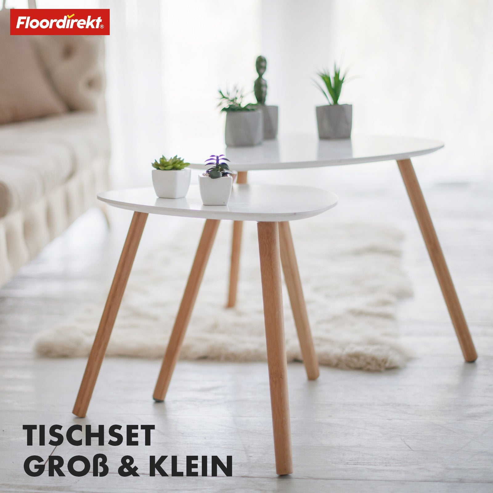 Couchtisch-Set | Oregon | 2er Set Beistelltisch mit Bambusbeinen und Weißer Tischplatte