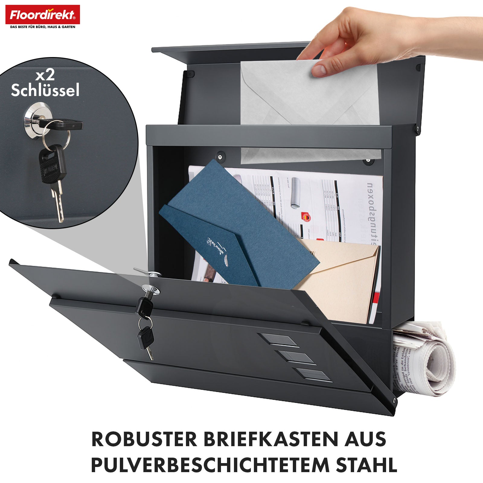 Briefkasten | Jules | Anthrazitfarbener Wandbriefkasten mit Sichtfenstern und Zeitungsfach