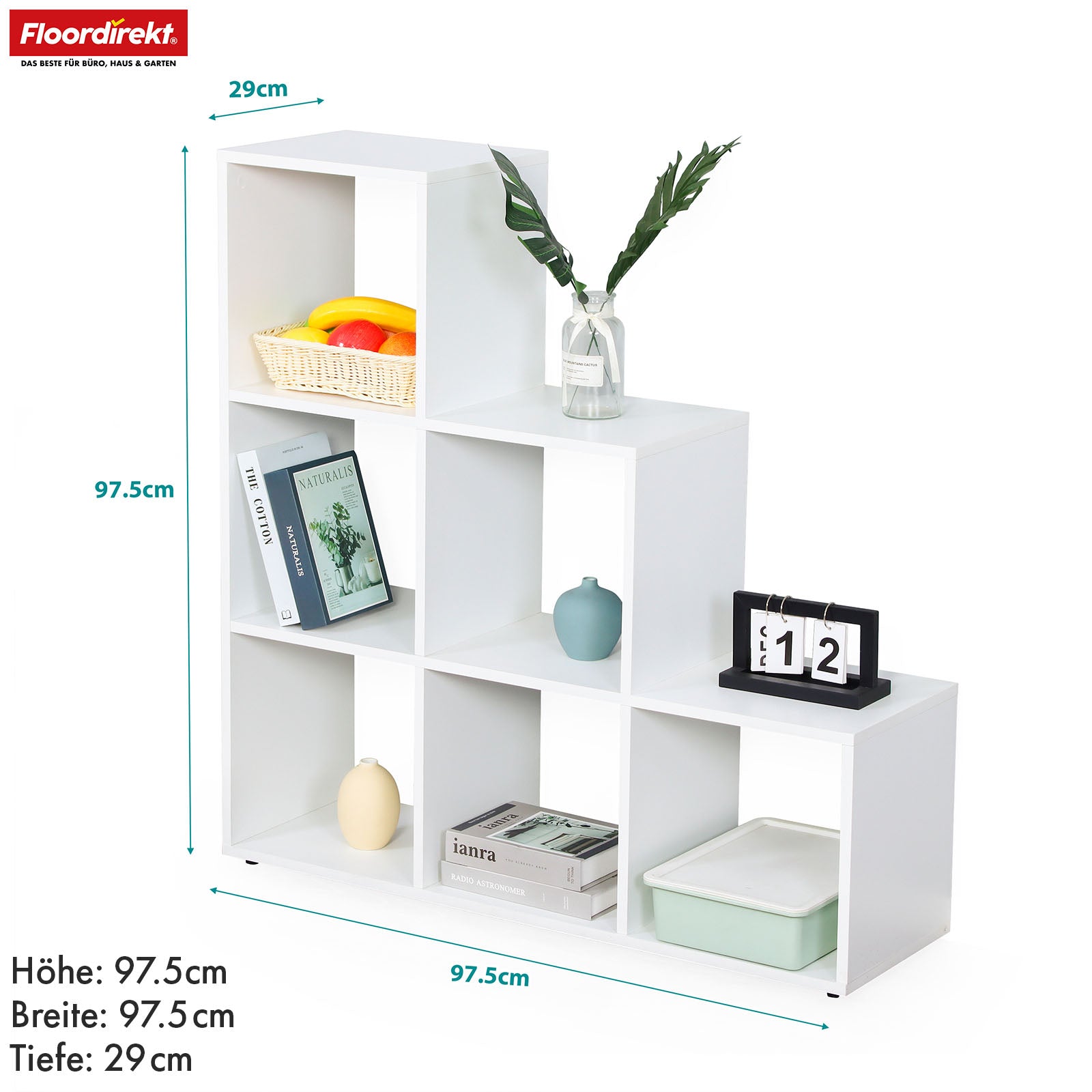 Bücherregal | Carolina | Weißes Stufenregal aus MDF mit 6 Fächern für Bücher, Pflanzen & Deko