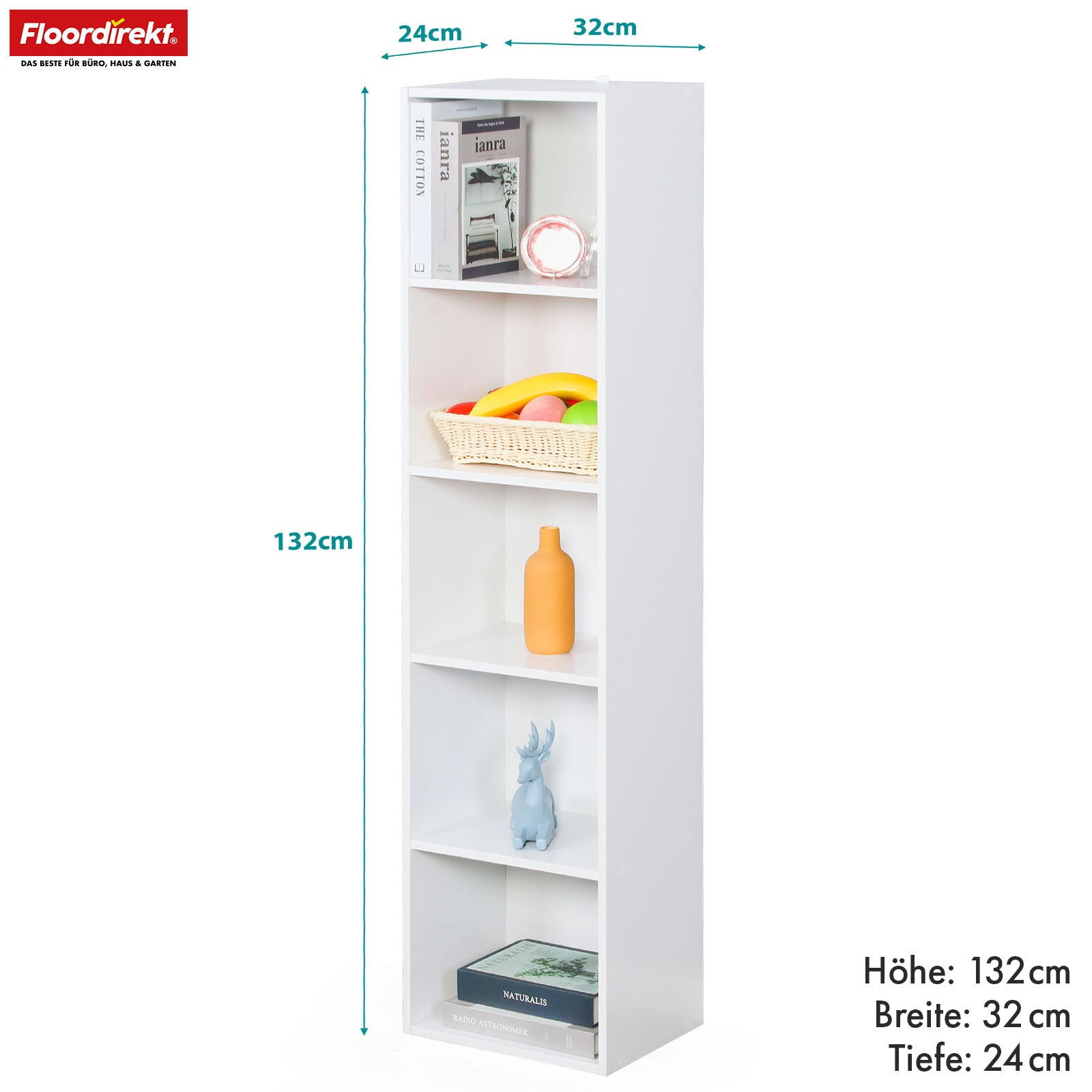 Bücherregal | Alaska | Weißer MDF-Bücherschrank mit 4 oder 5 Ebenen | schlank, modern & platzsparend