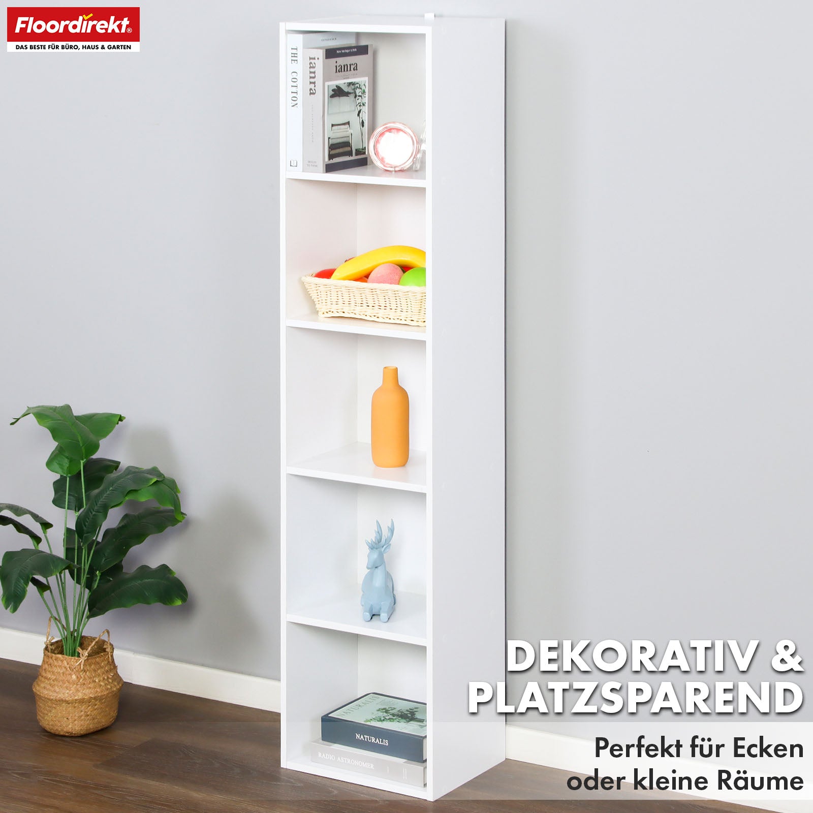 Bücherregal | Alaska | Weißer MDF-Bücherschrank mit 4 oder 5 Ebenen | schlank, modern & platzsparend