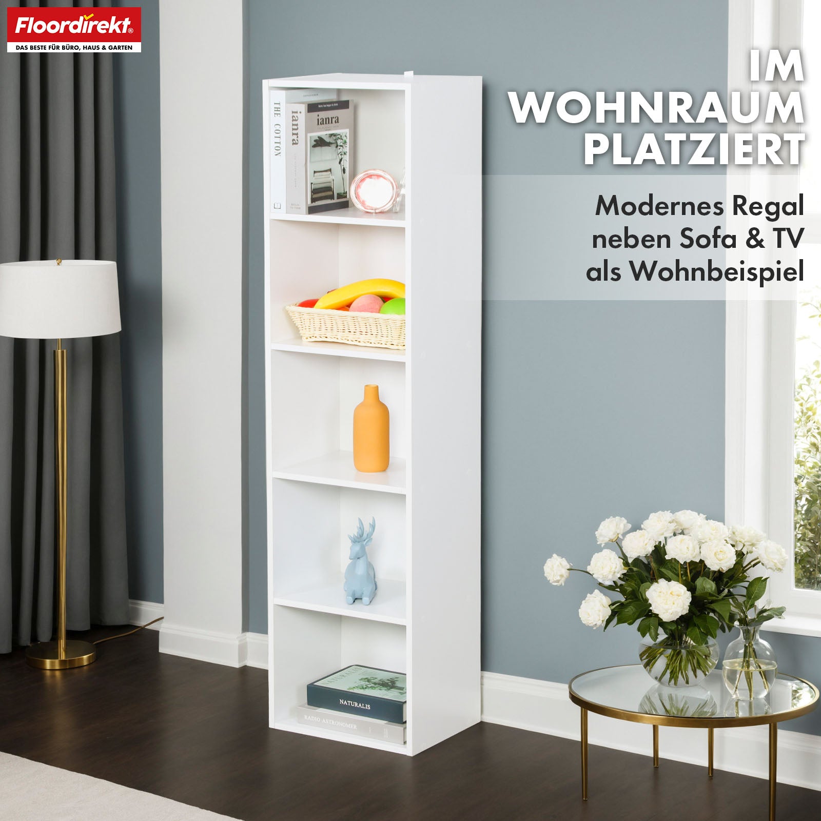 Bücherregal | Alaska | Weißer MDF-Bücherschrank mit 4 oder 5 Ebenen | schlank, modern & platzsparend