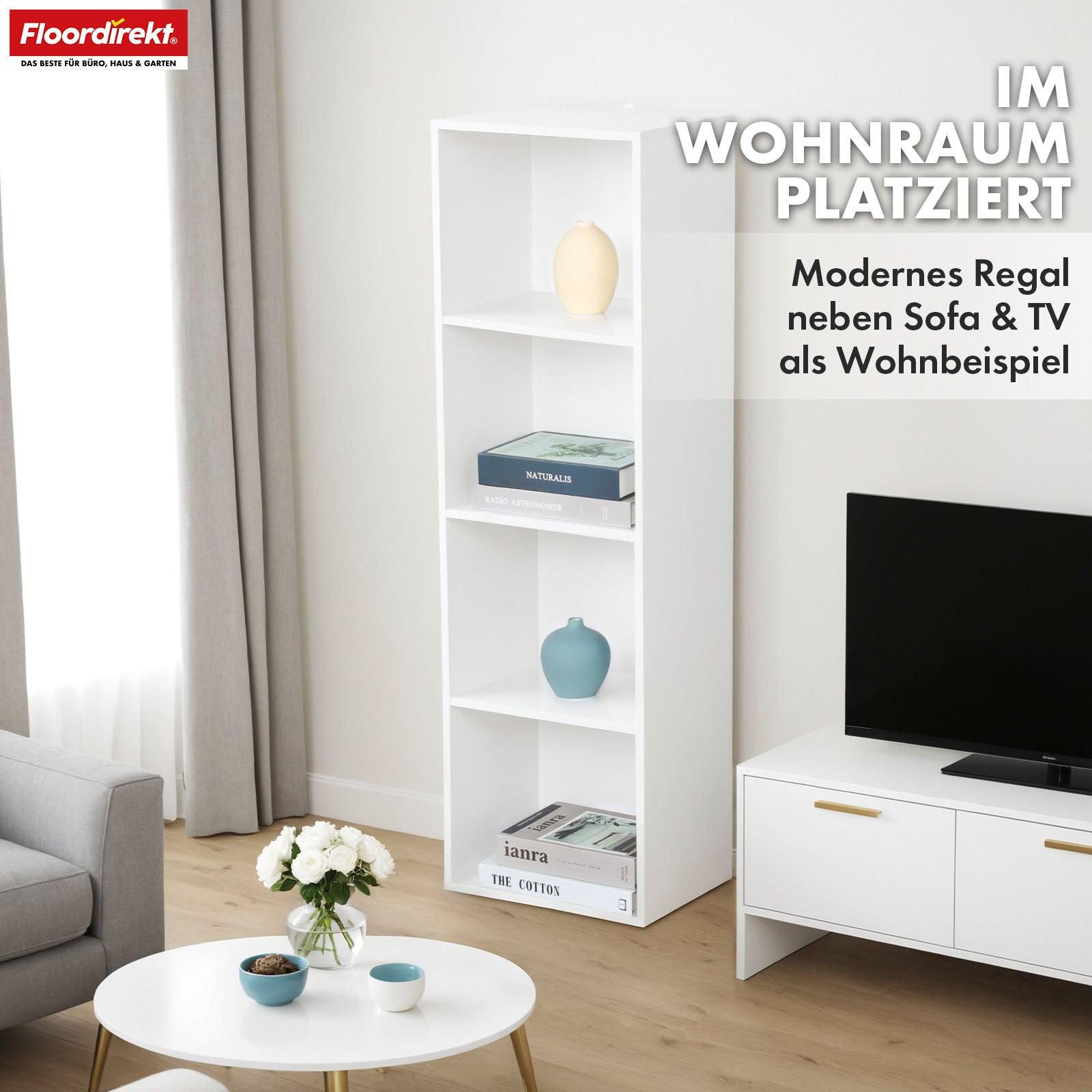 Bücherregal | Alaska | Weißer MDF-Bücherschrank mit 4 oder 5 Ebenen | schlank, modern & platzsparend