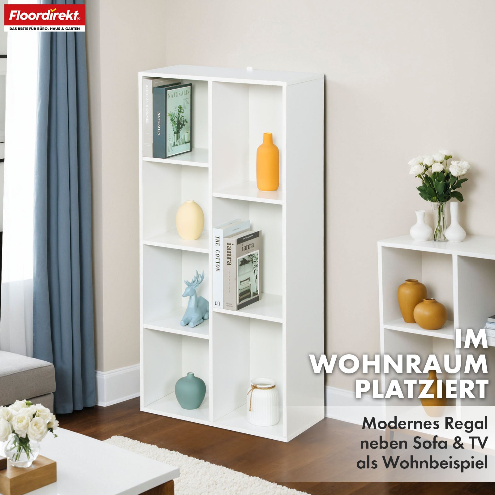 Bücherregal | Arkansas | Weißes MDF-Standregal mit 5–9 Fächern für Bücher und Wohnaccessoires