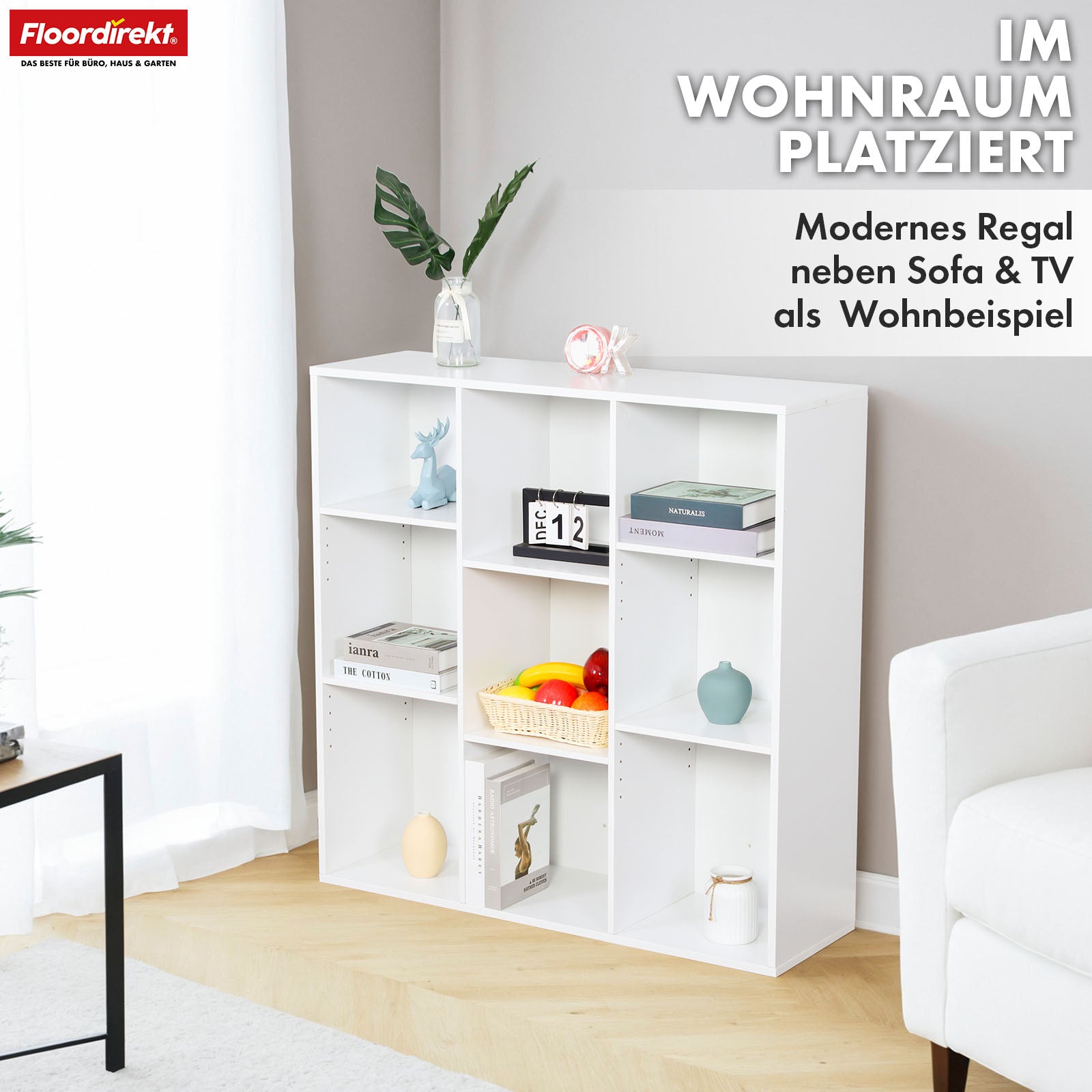 Bücherregal | Arkansas | Weißes MDF-Standregal mit 5–9 Fächern für Bücher und Wohnaccessoires