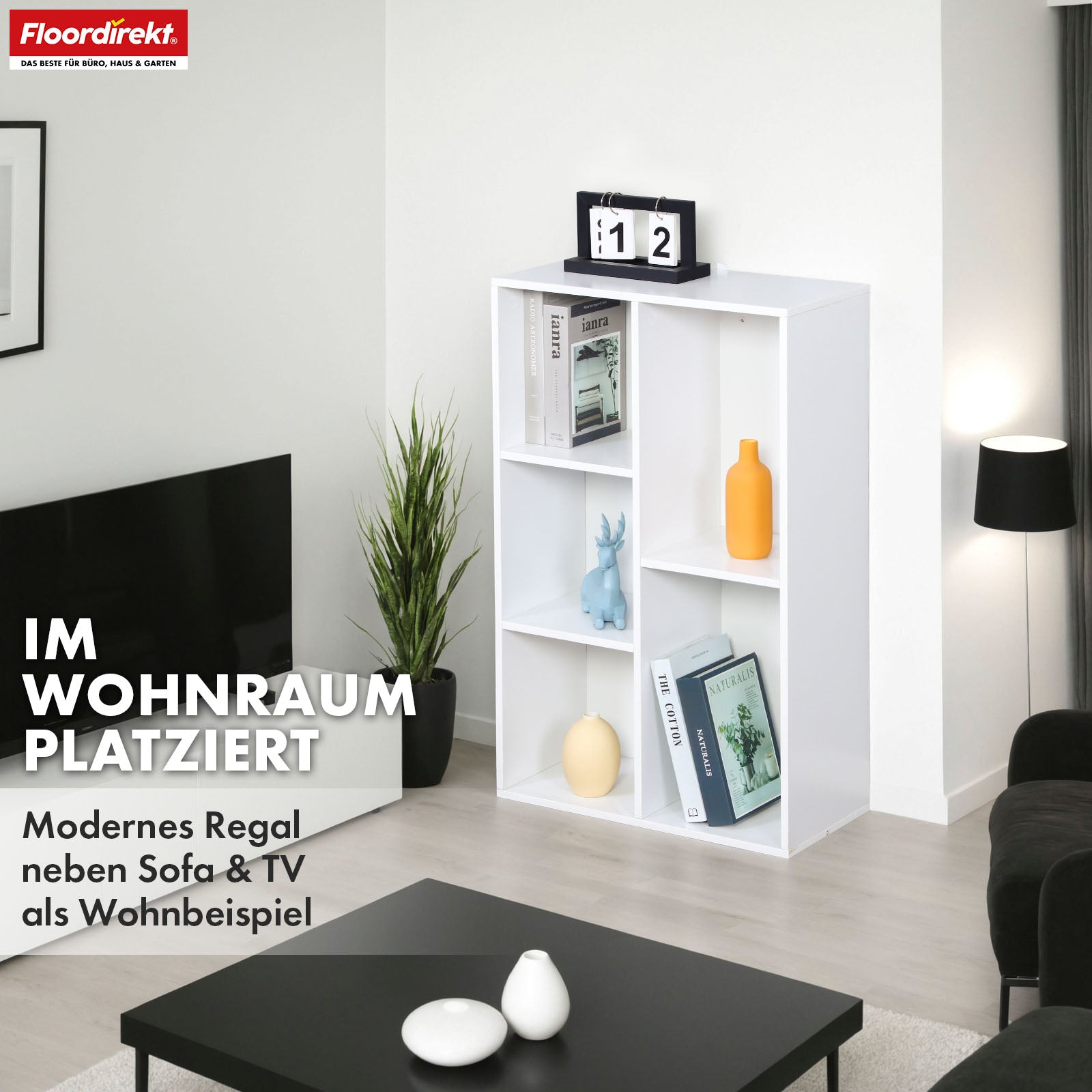 Bücherregal | Arkansas | Weißes MDF-Standregal mit 5–9 Fächern für Bücher und Wohnaccessoires