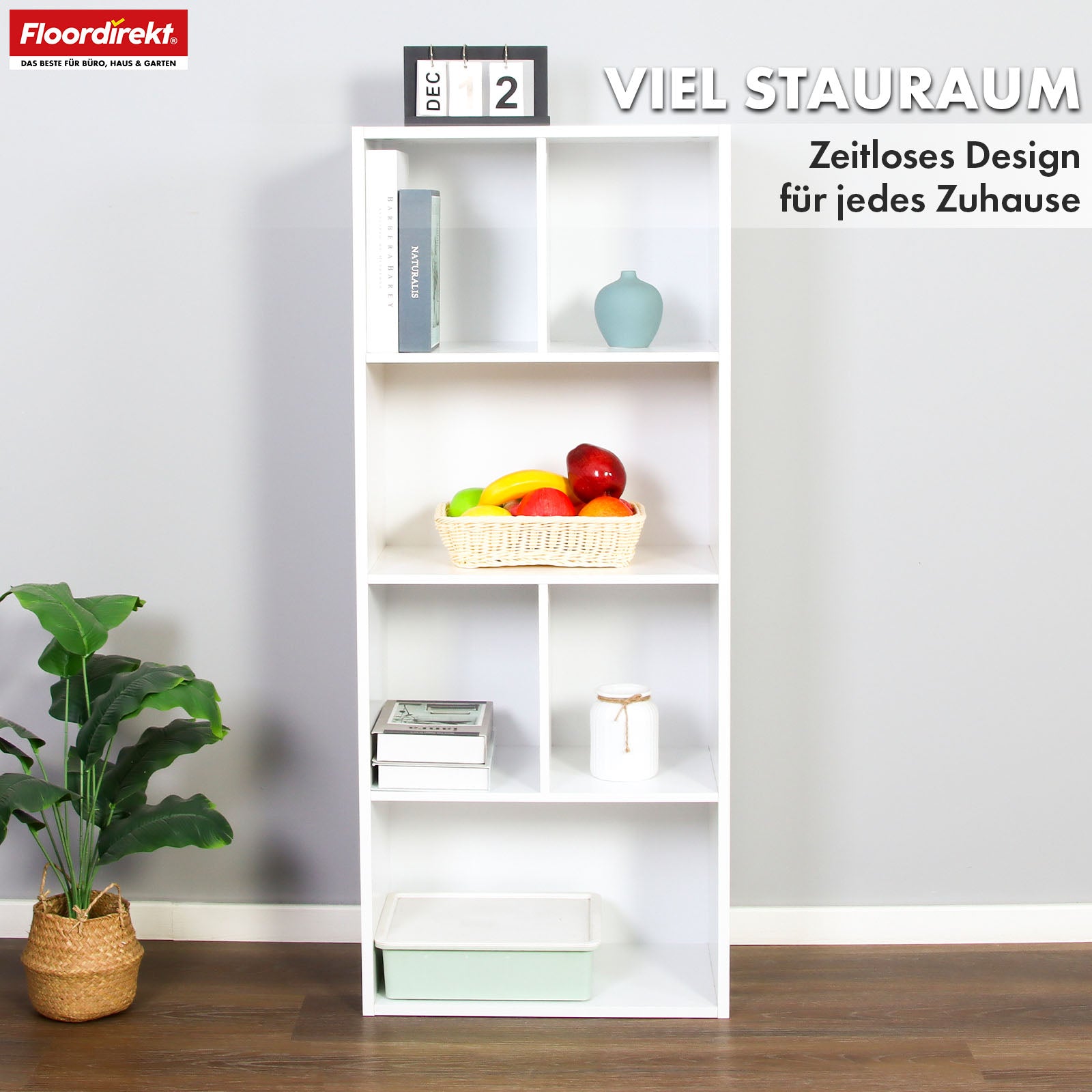 Bücherregal | California | Modernes, platzsparendes MDF-Regal mit Anti-Kipp-Sicherung in Weiß 4-8 offene Fächer
