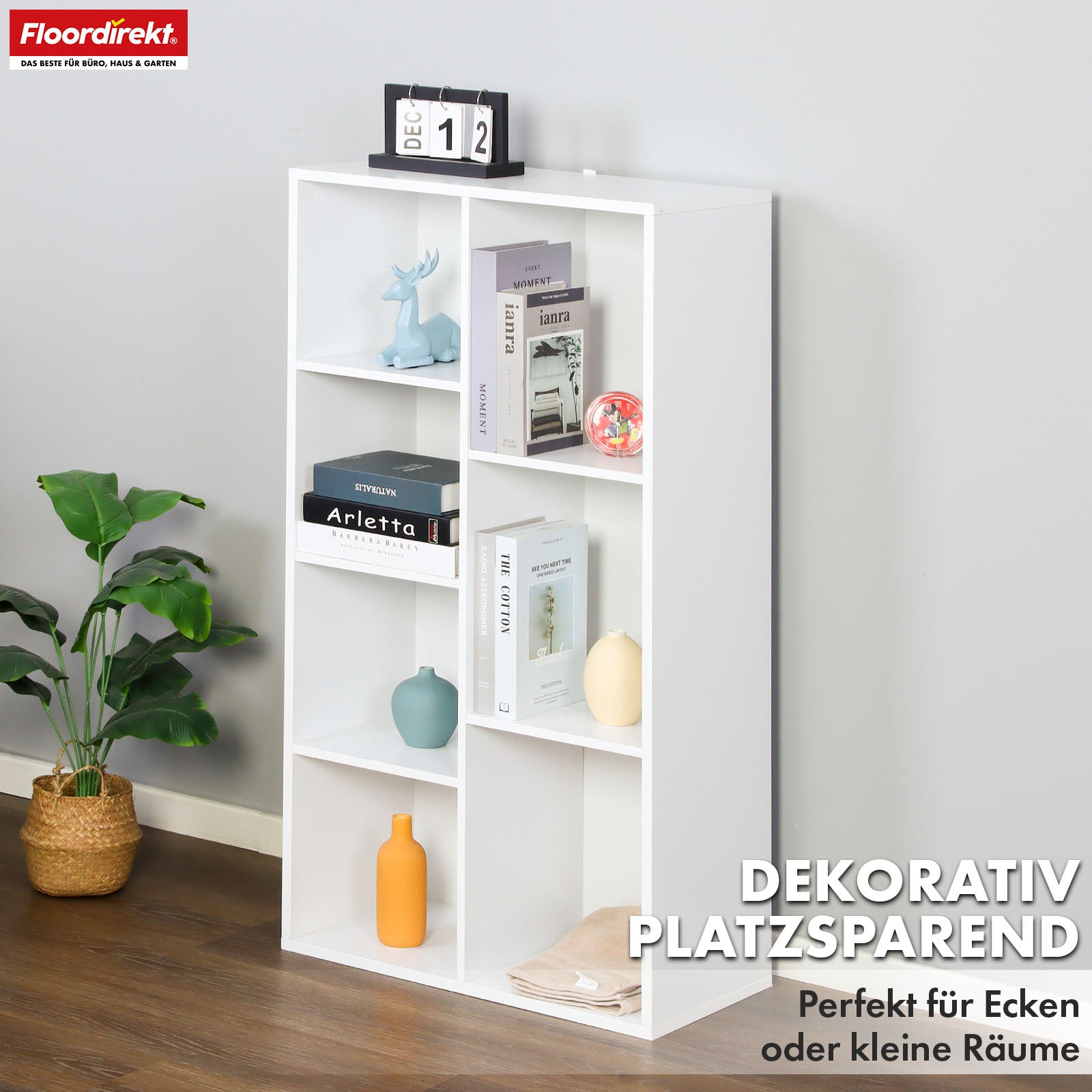 Bücherregal | California | Modernes, platzsparendes MDF-Regal mit Anti-Kipp-Sicherung in Weiß 4-8 offene Fächer
