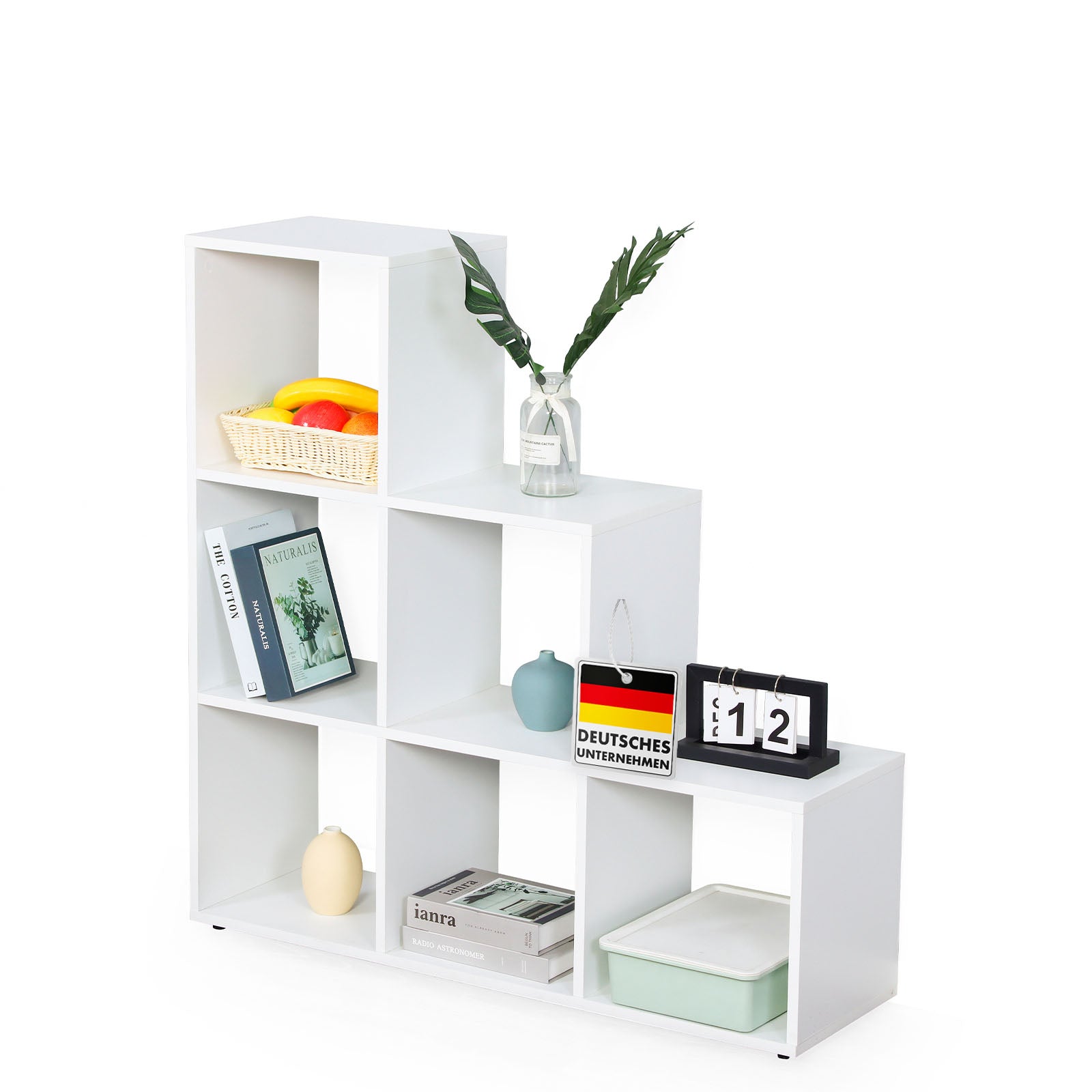 Bücherregal | Carolina | Weißes Stufenregal aus MDF mit 6 Fächern für Bücher, Pflanzen & Deko