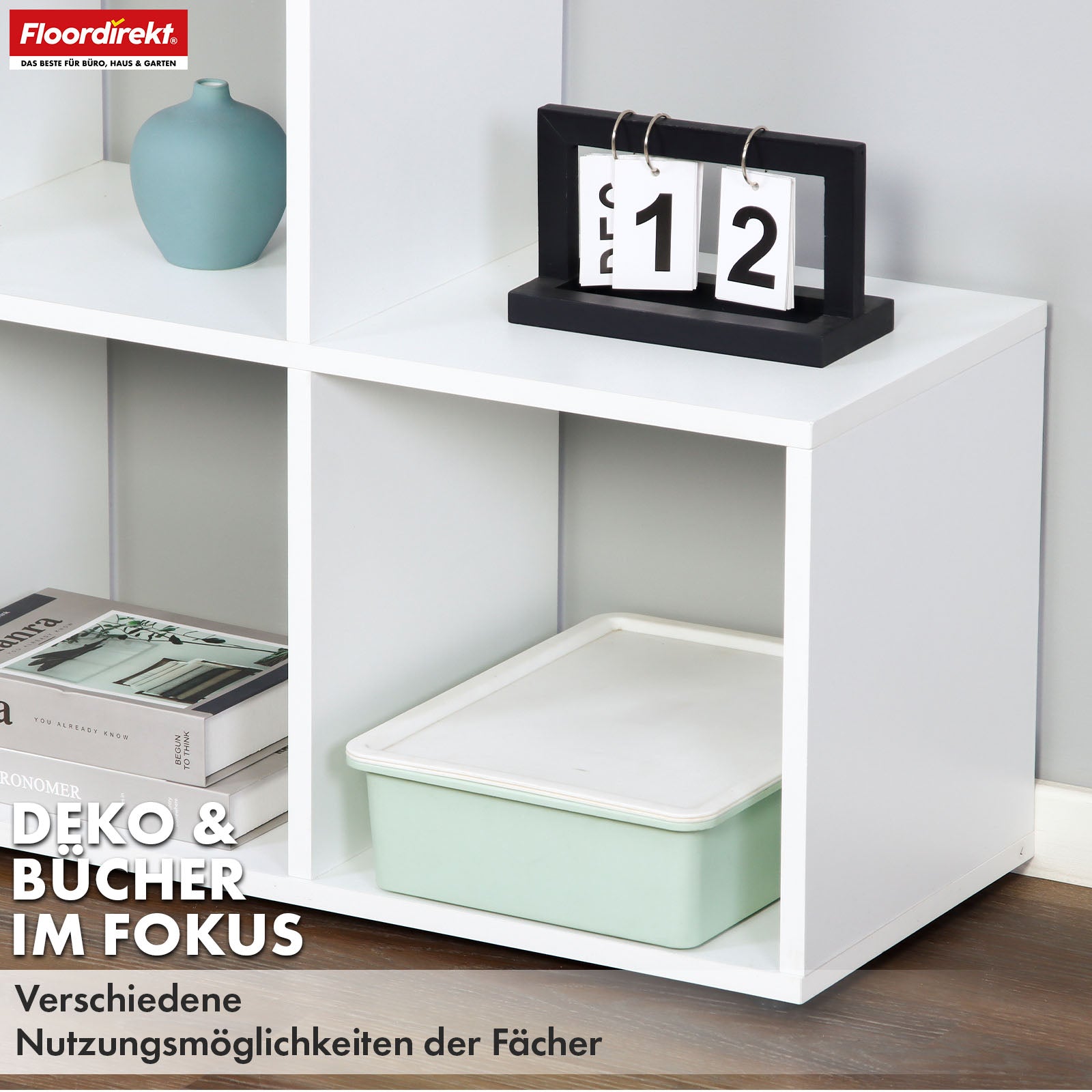Bücherregal | Carolina | Weißes Stufenregal aus MDF mit 6 Fächern für Bücher, Pflanzen & Deko