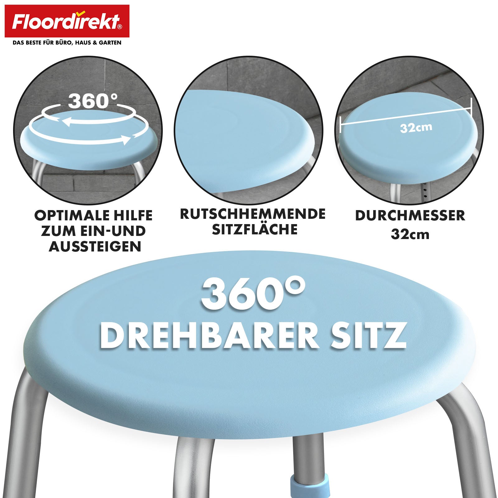 Dusch- und Badhocker | Pedro | Höhenverstellbar & 360° drehbar | Rutschfest & belastbar bis 150 kg