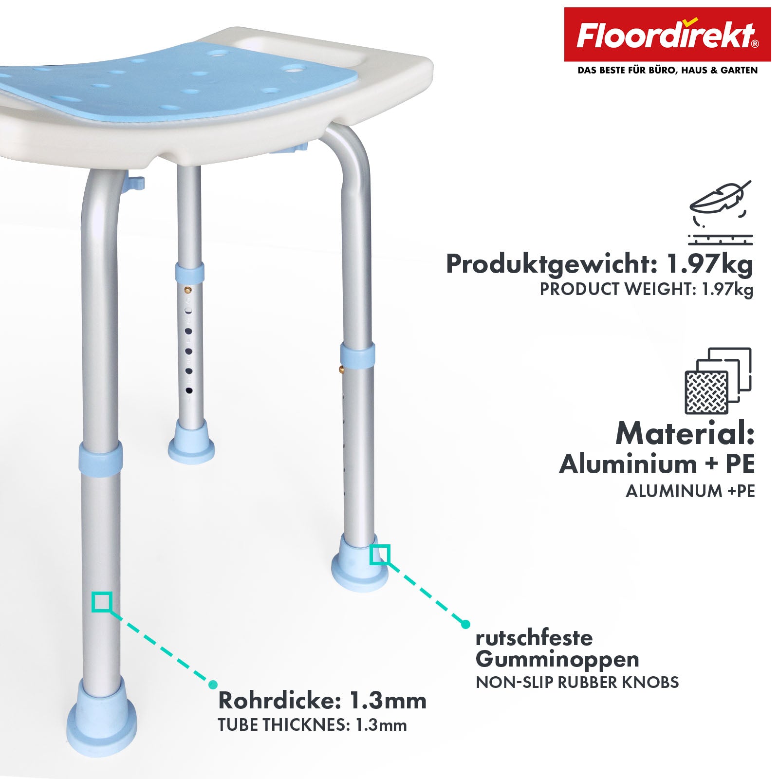 Dusch- und Badhocker | Nora | Höhenverstellbarer, rutschfester und langlebiger Sitz für Bad und Dusche