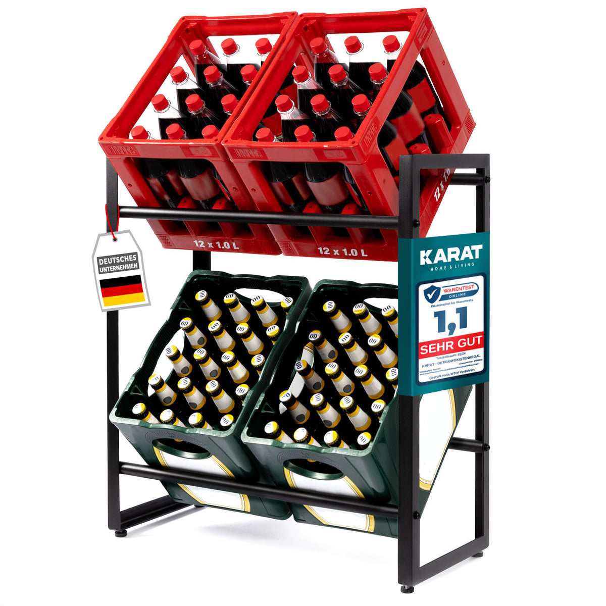 Flaschenkastenständer Kenji | Robustes Lagerregal für Büro, Küche, Garage oder Flur | Schwarz | In 2 Grössen erhältlich