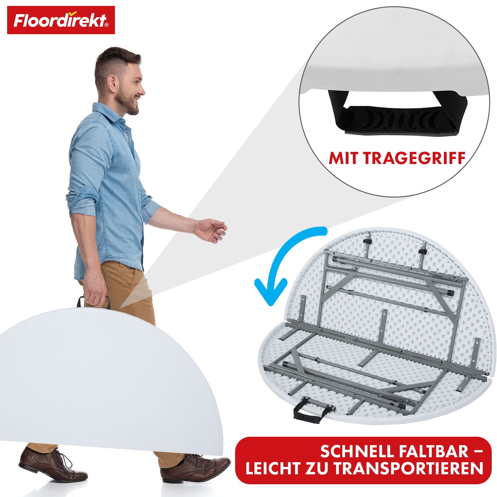 Klapptisch | Shiga | Runder weißer Gartentisch | Faltbar mit Tragegriff | 120 cm Durchmesser