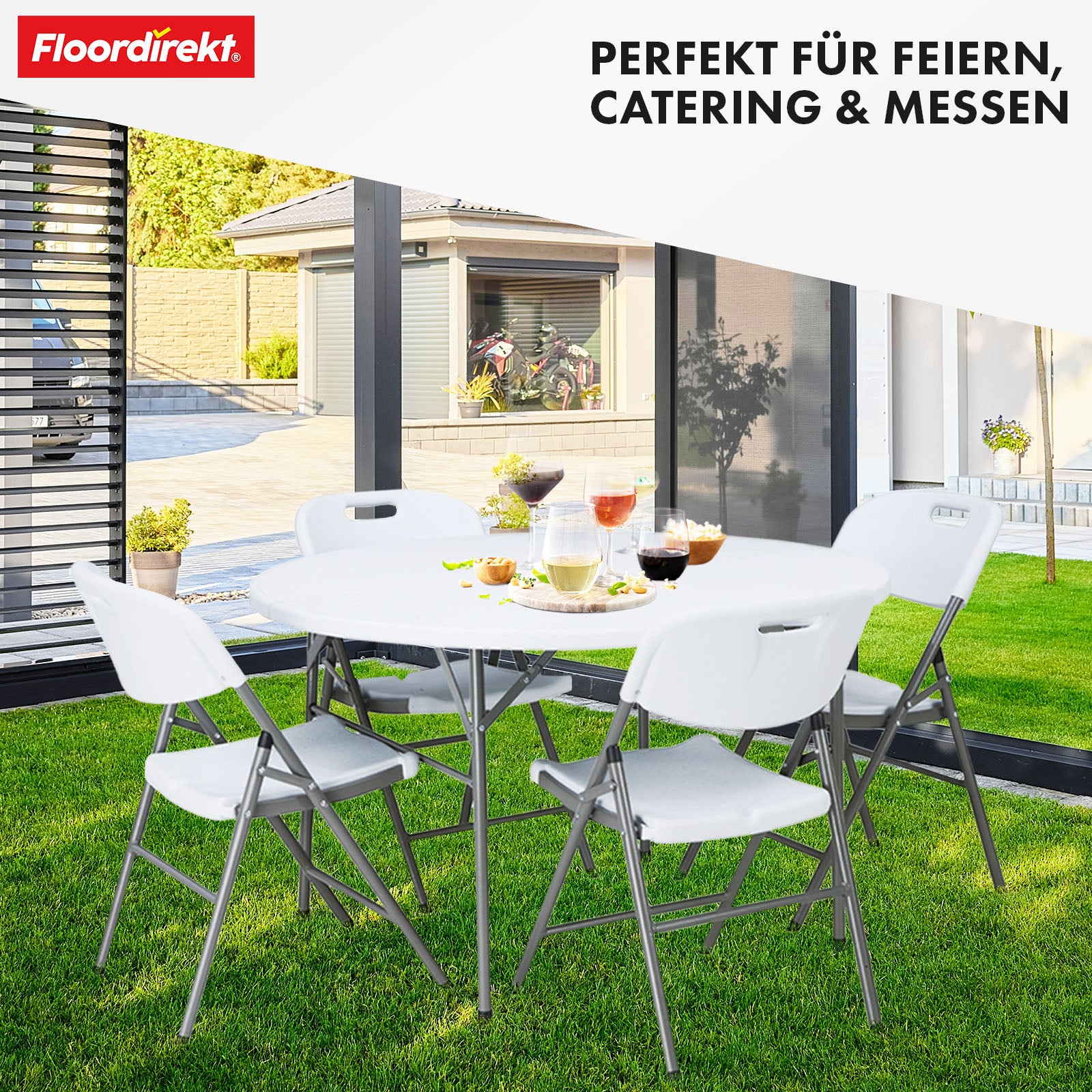 Klapptisch | Shiga | Runder weißer Gartentisch | Faltbar mit Tragegriff | 120 cm Durchmesser
