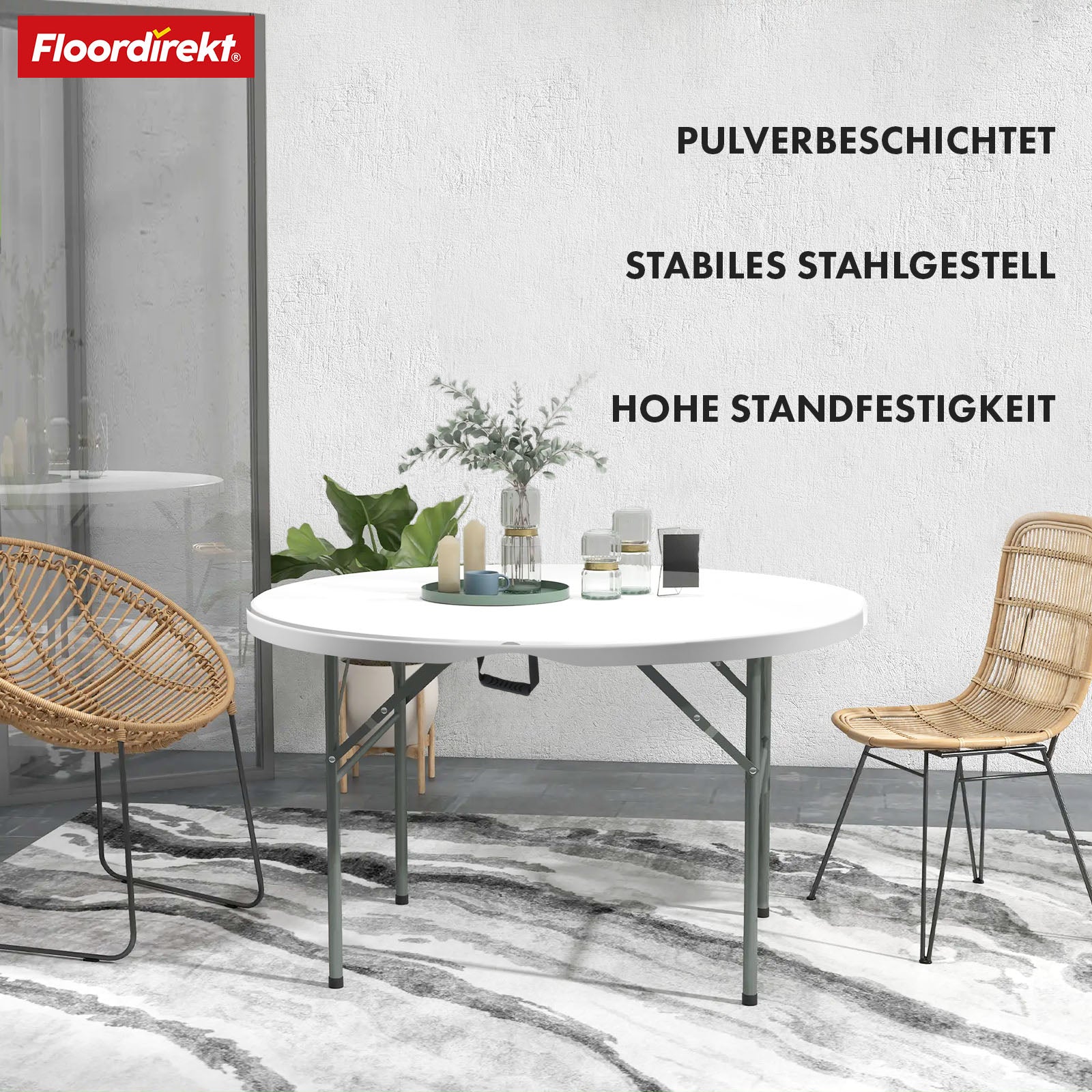 Klapptisch | Shiga | Runder weißer Gartentisch | Faltbar mit Tragegriff | 120 cm Durchmesser