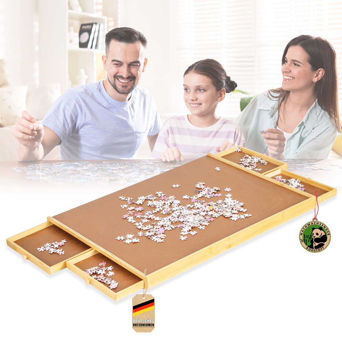 Puzzletisch | Yukon | Kompakte Puzzle-Unterlage mit Schubladen aus Bambus & MDF | Für bis zu 1000 Teile