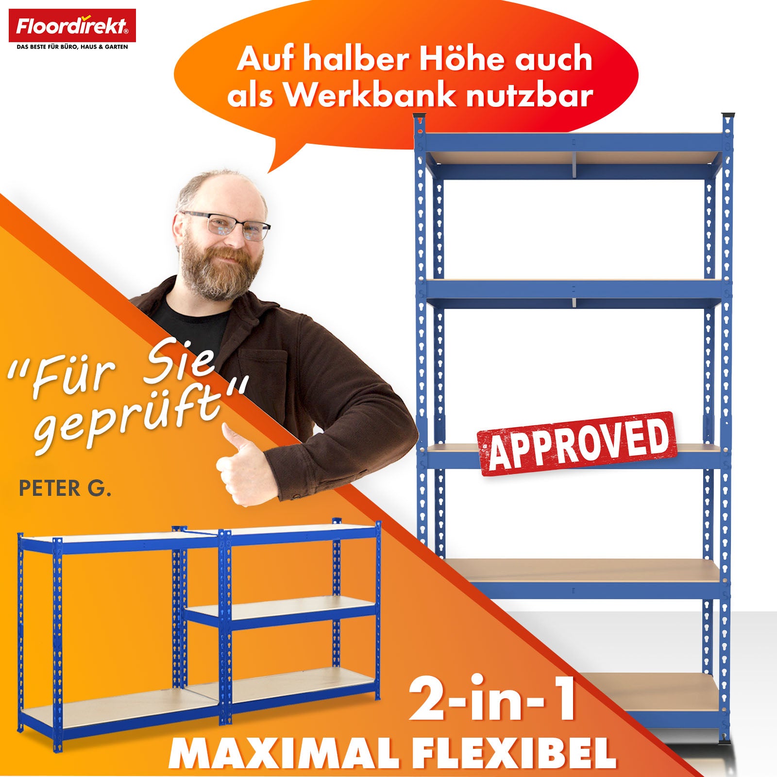 Schwerlastregal | Rhino | Lagerregal mit 5 Böden | 1050 kg Traglast | innovatives Stecksystem | In verschiedenen Farben & Größen
