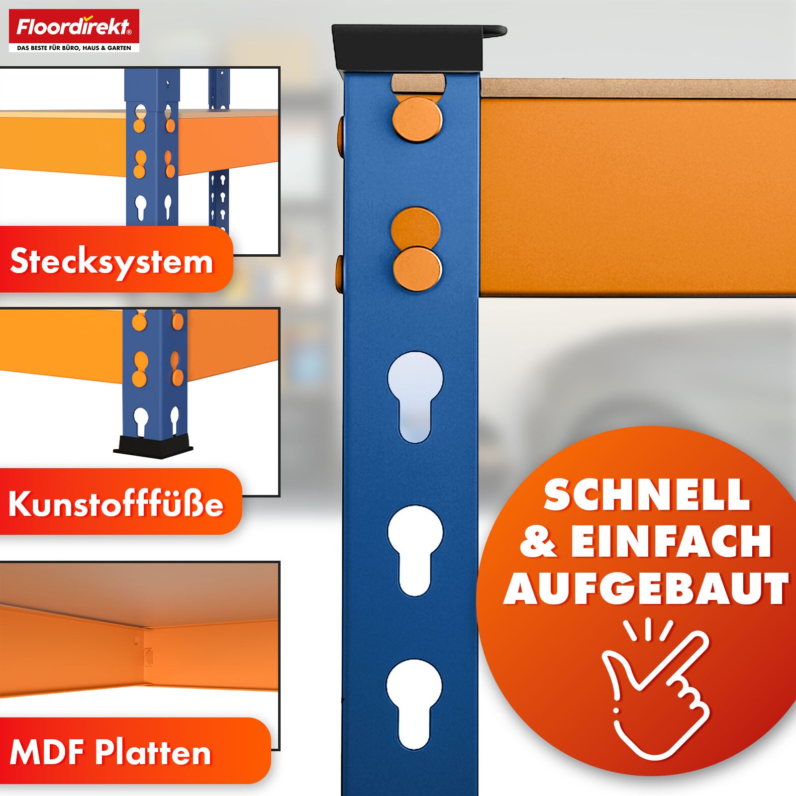 Schwerlastregal | Rhino | Lagerregal mit 5 Böden | 1050 kg Traglast | innovatives Stecksystem | In verschiedenen Farben & Größen