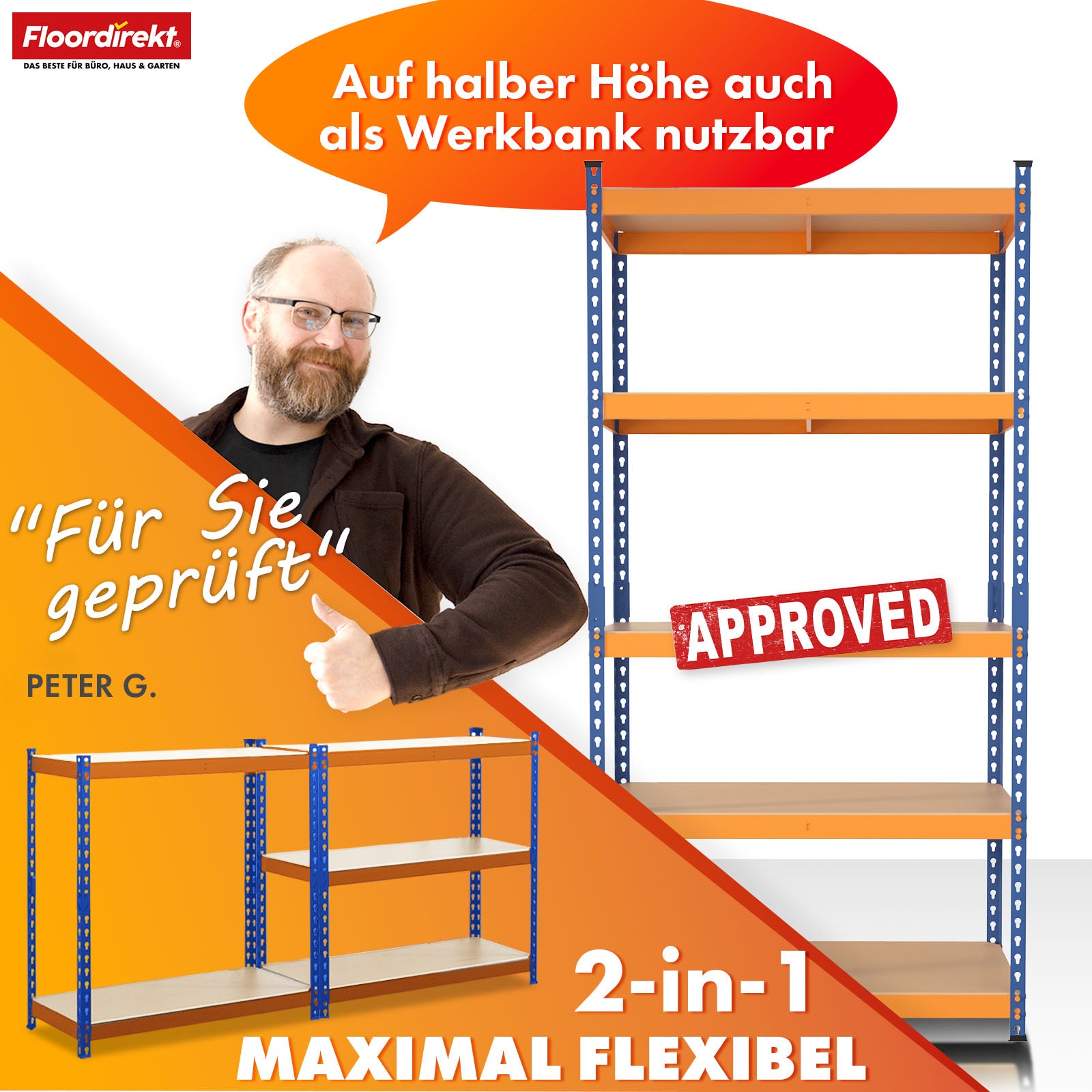 Schwerlastregal | Rhino | Lagerregal mit 5 Böden | 1050 kg Traglast | innovatives Stecksystem | In verschiedenen Farben & Größen