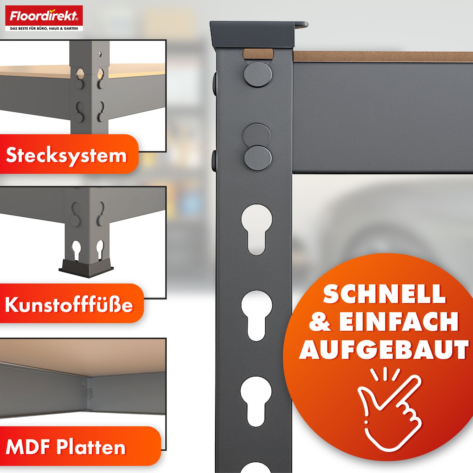 Schwerlastregal | Rhino | Lagerregal mit 5 Böden | 1050 kg Traglast | innovatives Stecksystem | In verschiedenen Farben & Größen