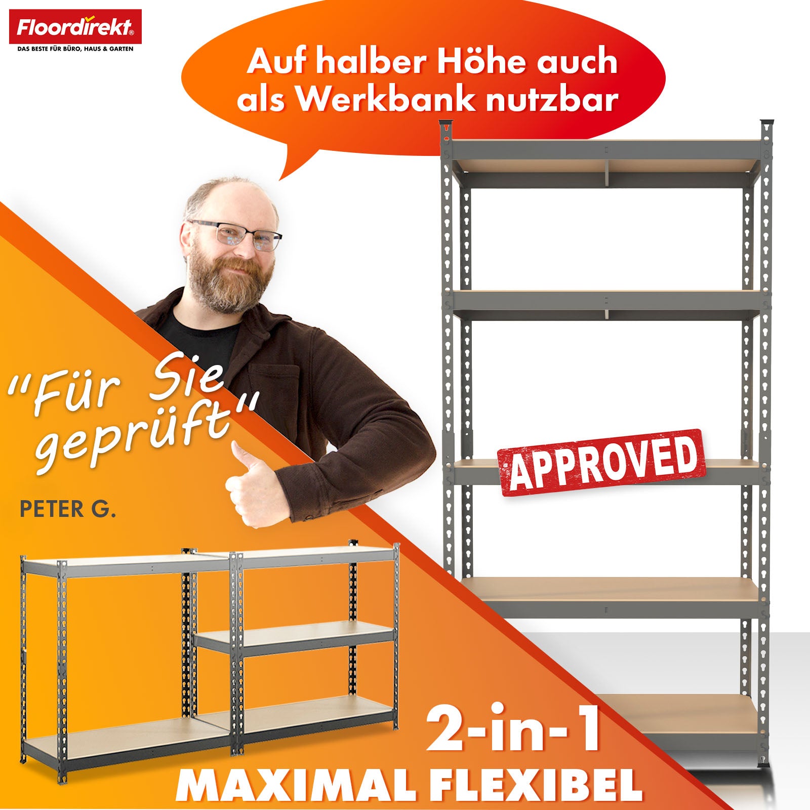 Schwerlastregal | Rhino | Lagerregal mit 5 Böden | 1050 kg Traglast | innovatives Stecksystem | In verschiedenen Farben & Größen