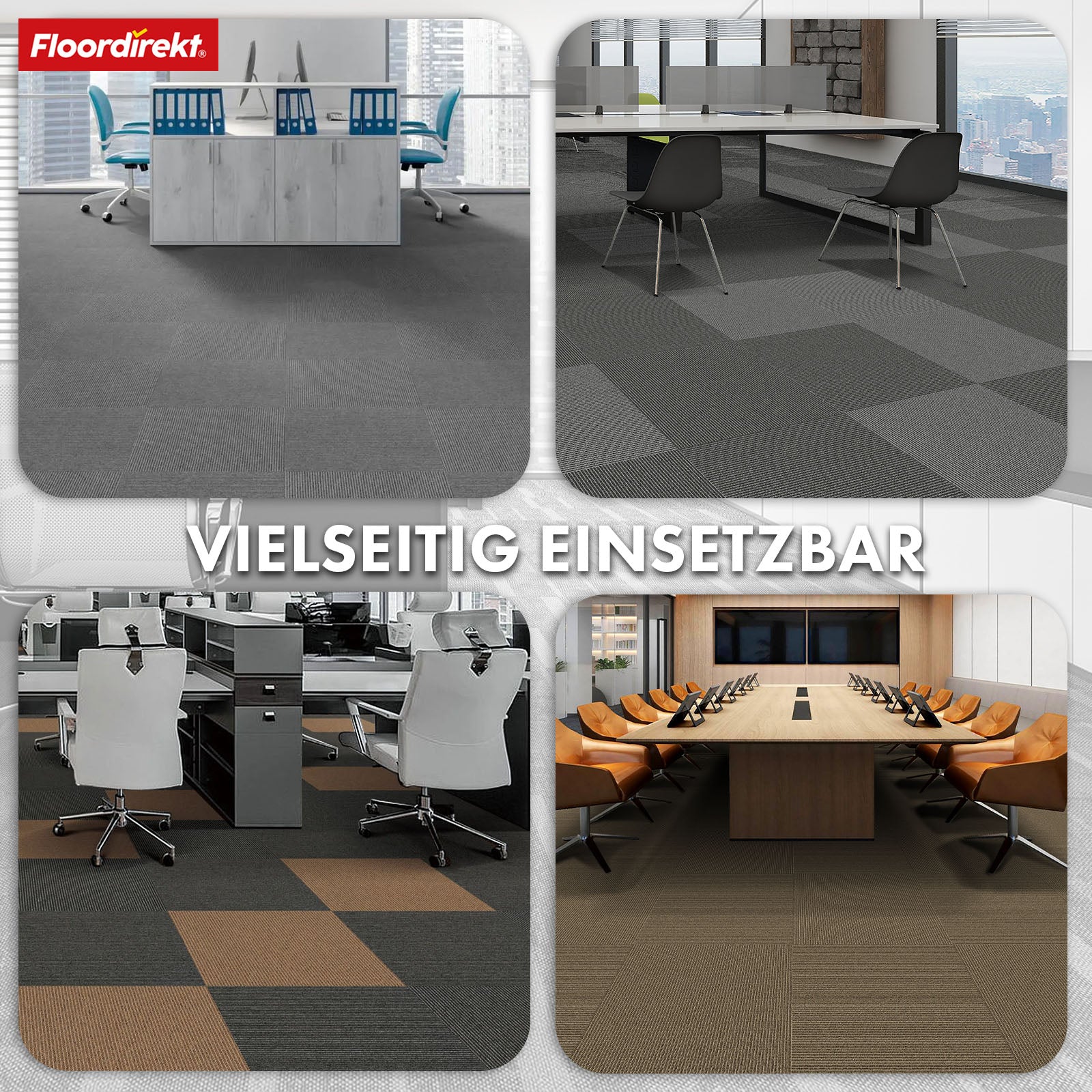 Teppichfliesen | Bern | 50 x 50 cm | Selbstliegend mit Streifendesign | In Anthrazit, Grau & Beige für Gewerbe und Privathaushalte