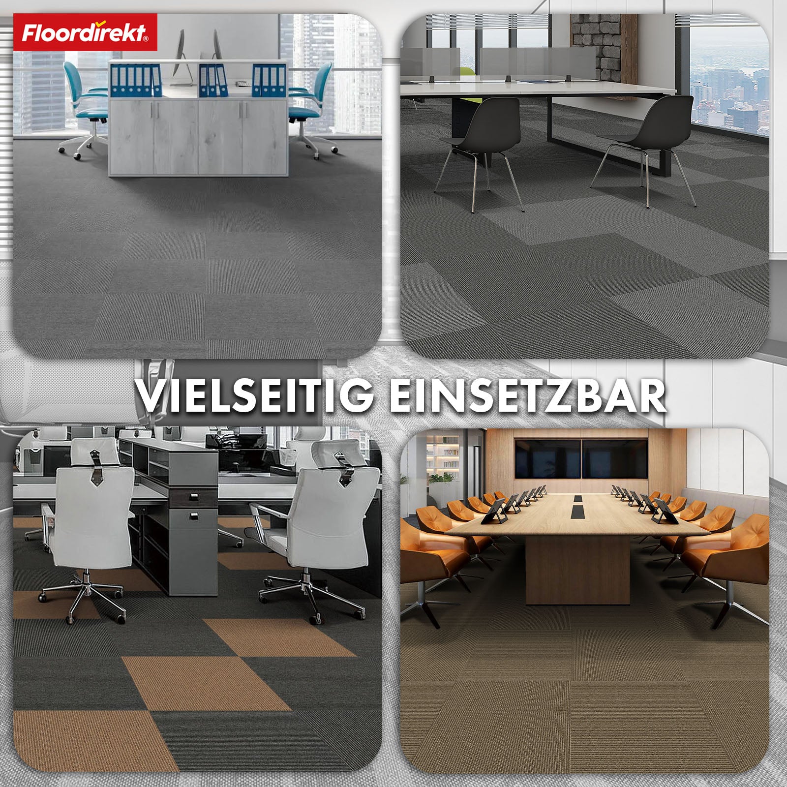 Teppichfliesen | Bern | 50 x 50 cm | Selbstliegend mit Streifendesign | In Anthrazit, Grau & Beige für Gewerbe und Privathaushalte