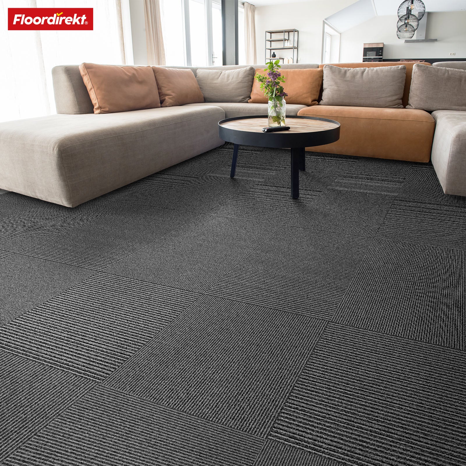Teppichfliesen | Bern | 50 x 50 cm | Selbstliegend mit Streifendesign | In Anthrazit, Grau & Beige für Gewerbe und Privathaushalte
