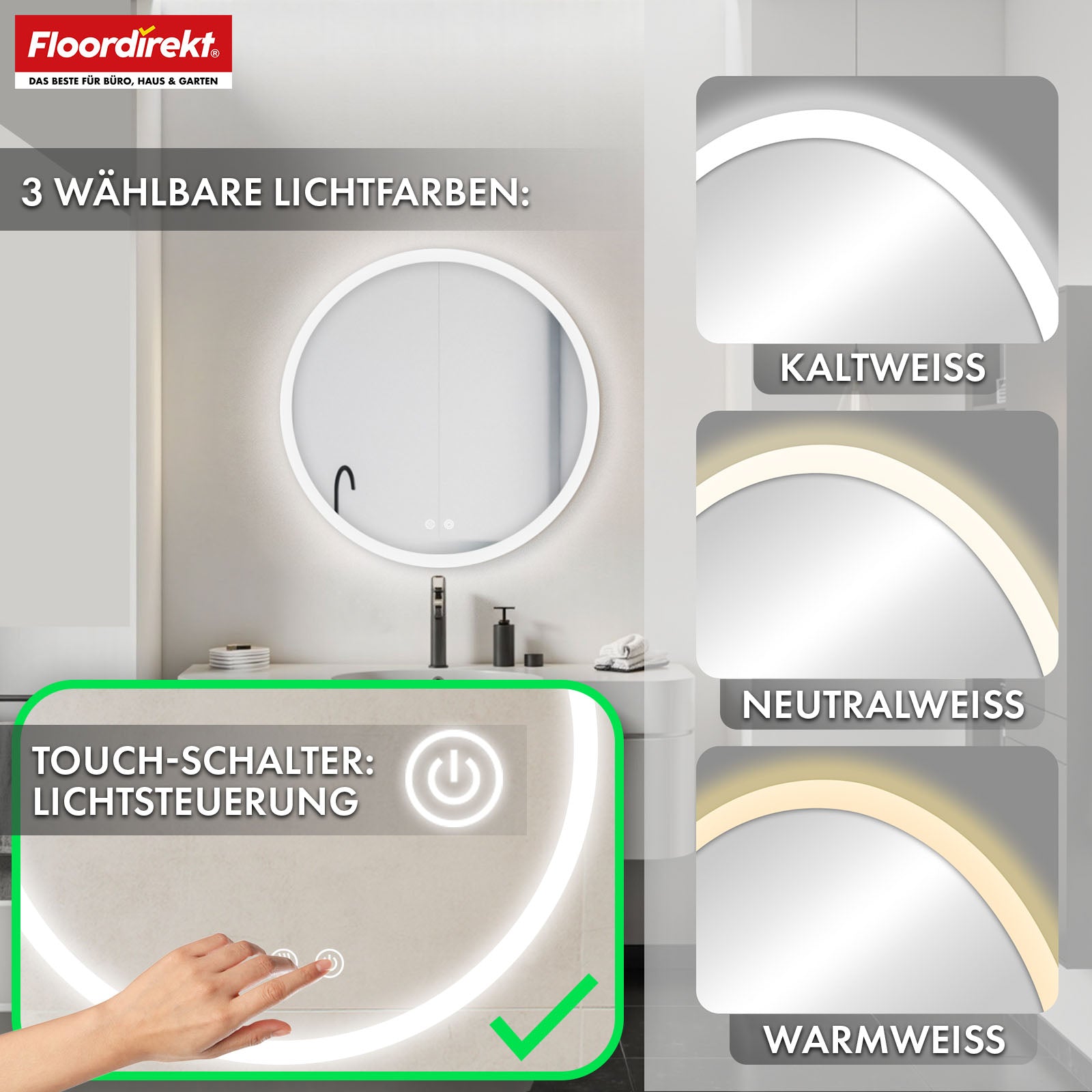 Badspiegel mit LED Beleuchtung | Liora | Touch-Bedienung mit Antibeschlag & 3 wählbare Lichtfarben | In verschiedenen Größen erhältlich