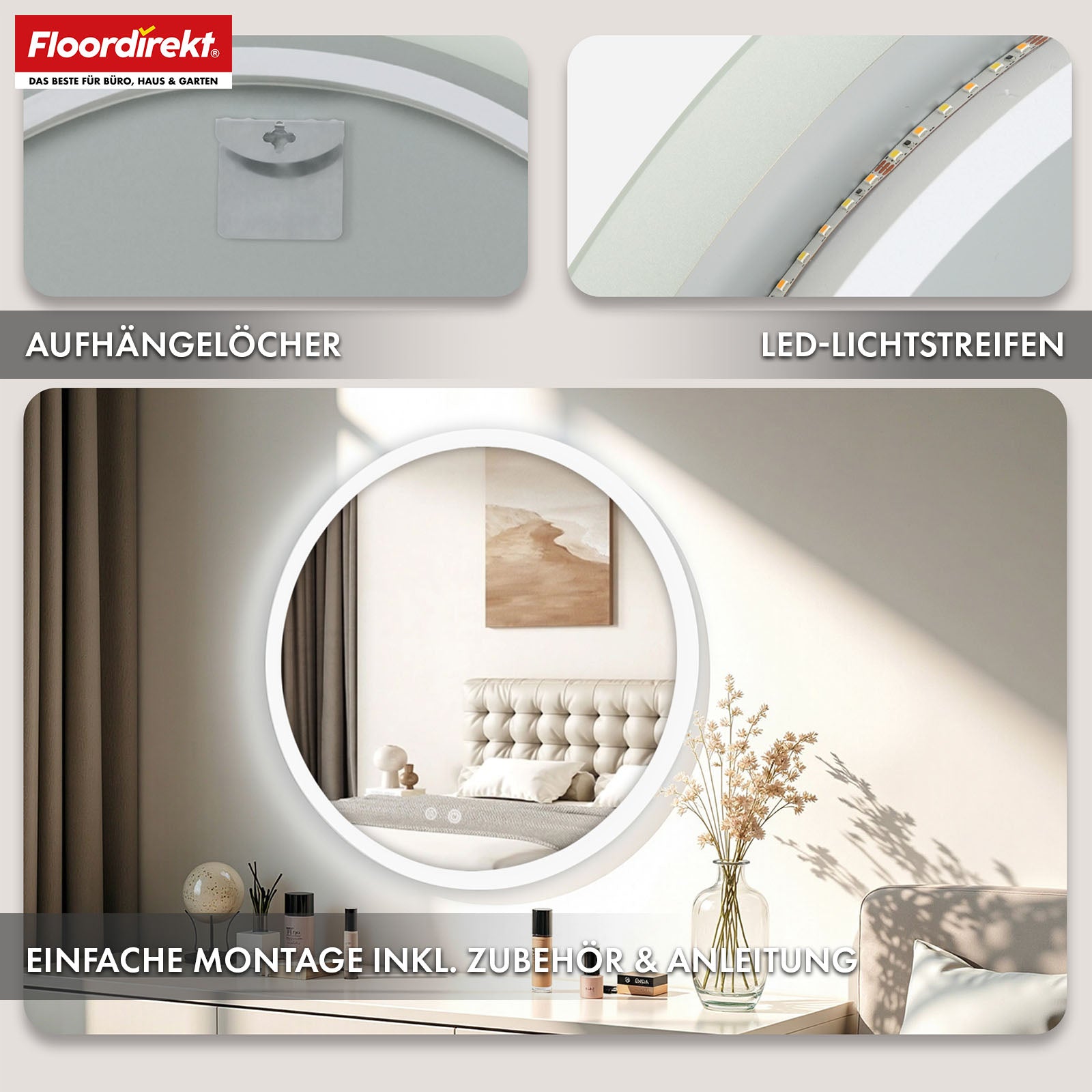 Badspiegel mit LED Beleuchtung | Liora | Touch-Bedienung mit Antibeschlag & 3 wählbare Lichtfarben | In verschiedenen Größen erhältlich