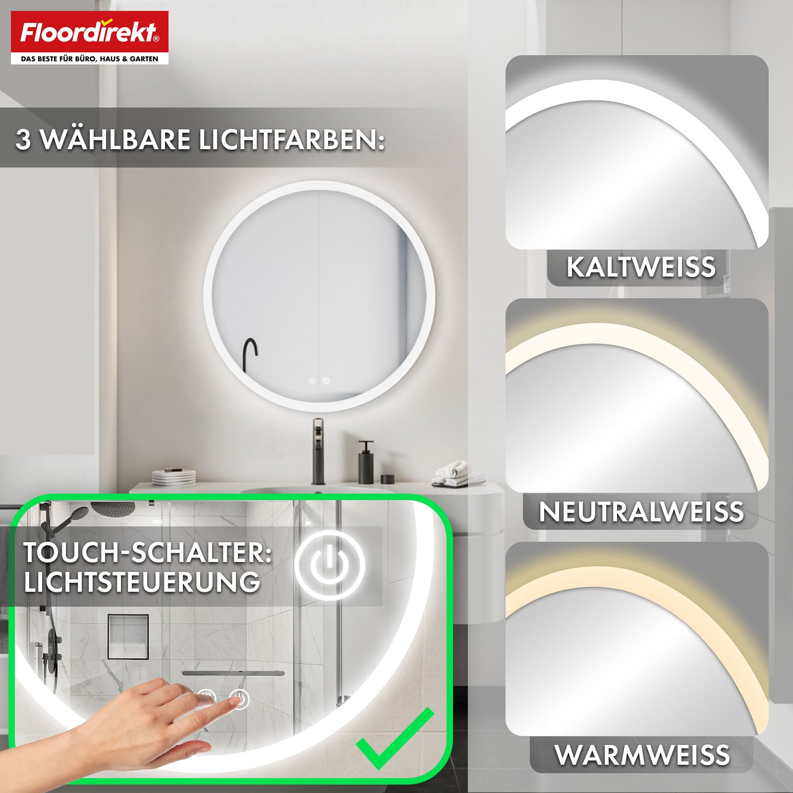 Badspiegel mit LED Beleuchtung | Liora | Touch-Bedienung mit Antibeschlag & 3 wählbare Lichtfarben | In verschiedenen Größen erhältlich