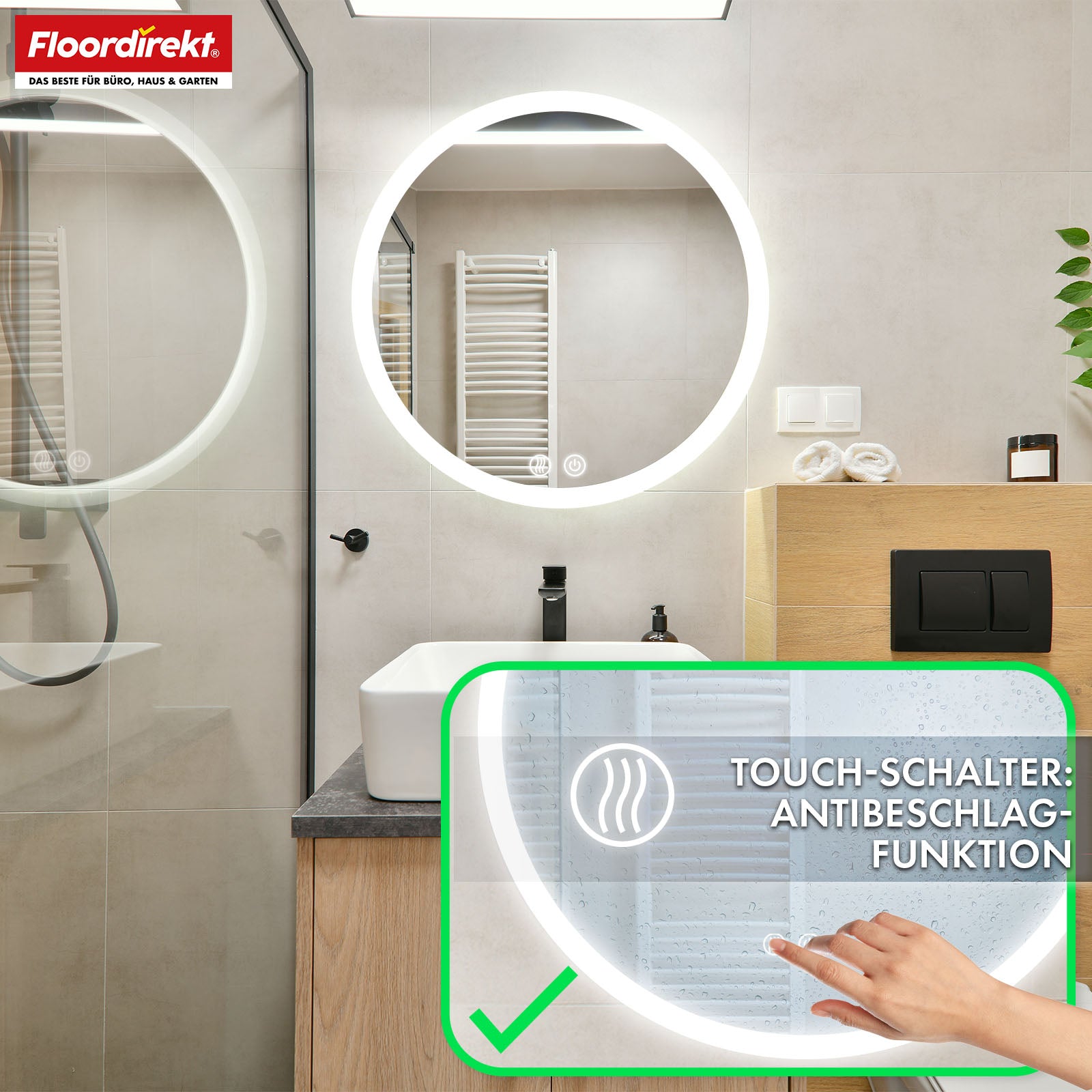 Badspiegel mit LED Beleuchtung | Liora | Touch-Bedienung mit Antibeschlag & 3 wählbare Lichtfarben | In verschiedenen Größen erhältlich