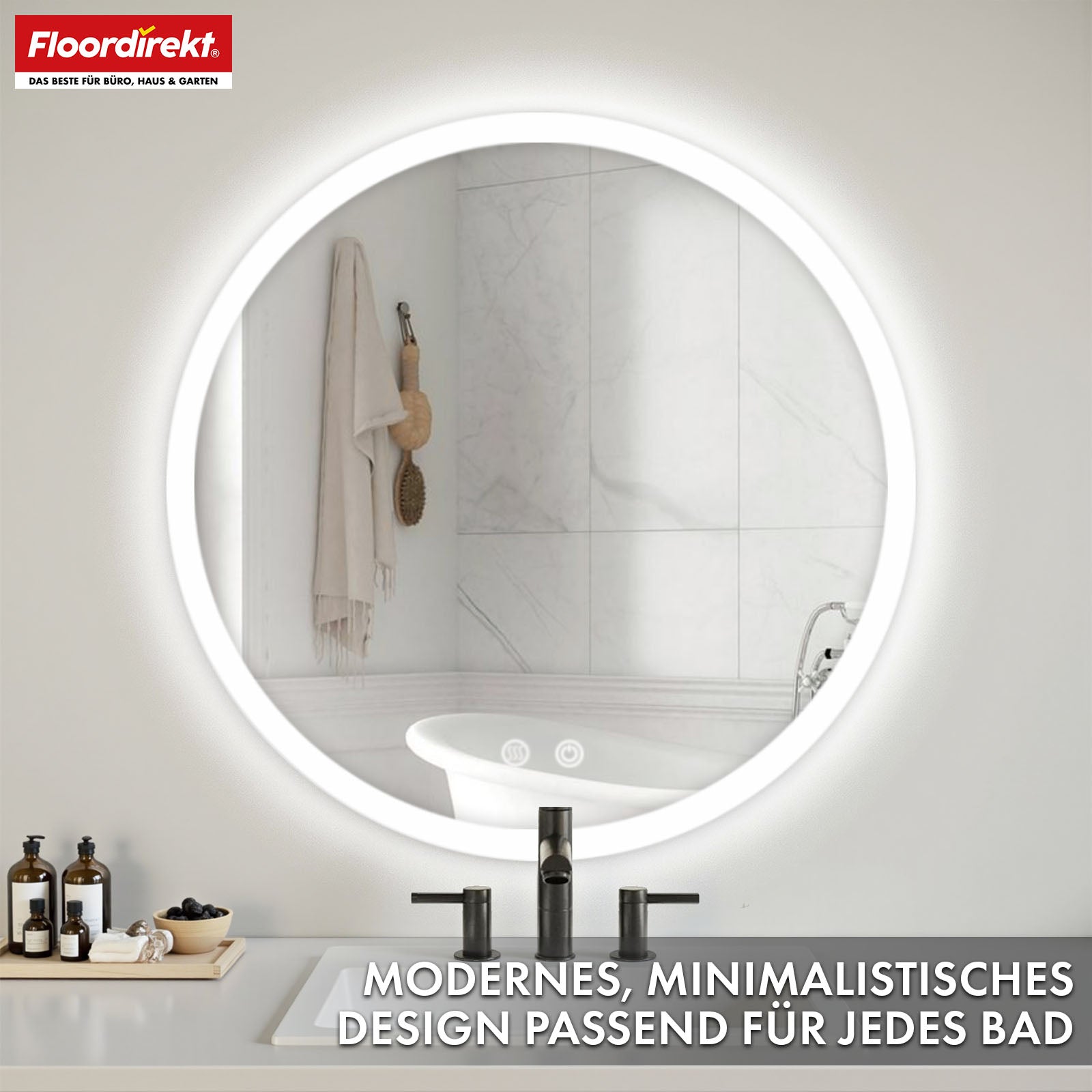 Badspiegel mit LED Beleuchtung | Liora | Touch-Bedienung mit Antibeschlag & 3 wählbare Lichtfarben | In verschiedenen Größen erhältlich