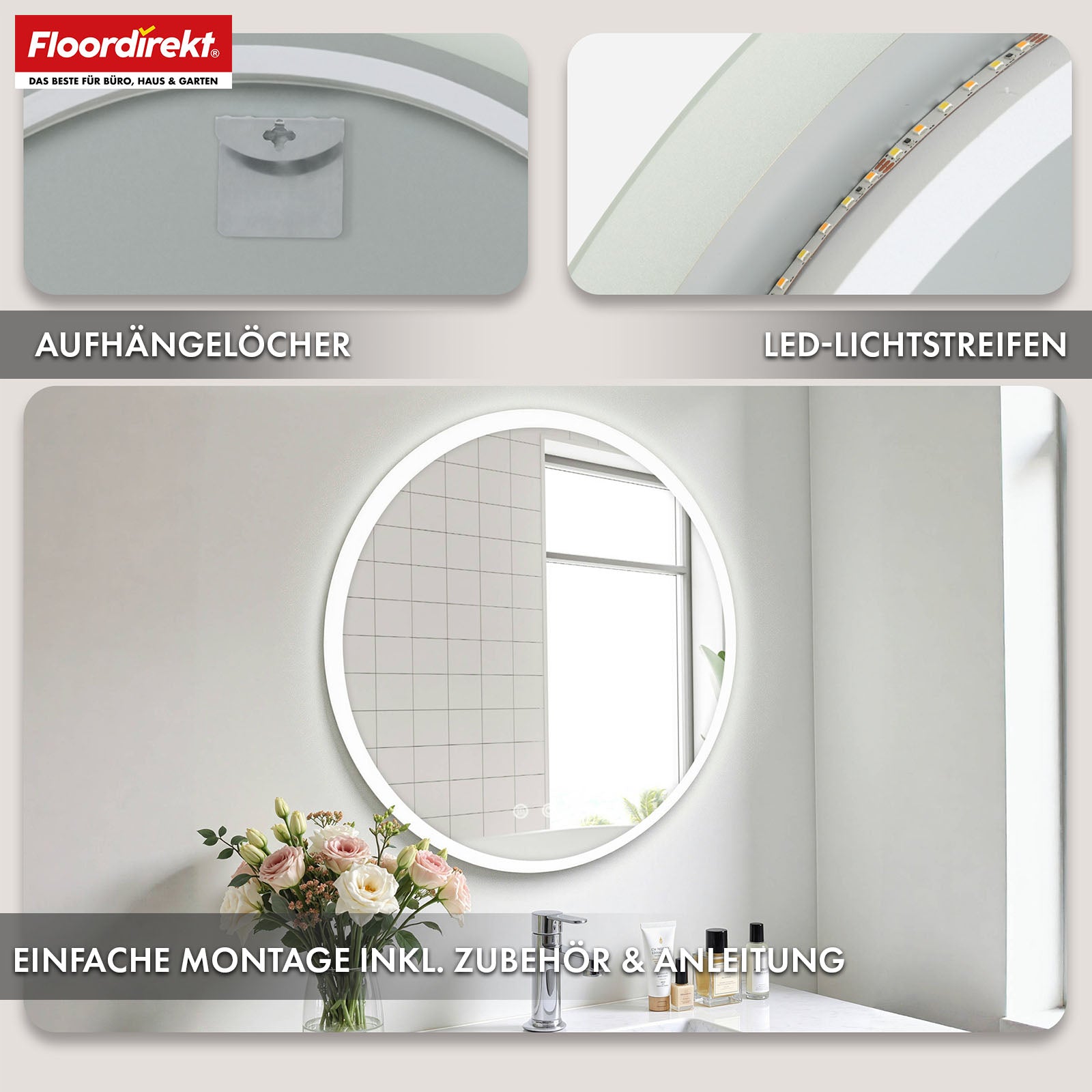 Badspiegel mit LED Beleuchtung | Liora | Touch-Bedienung mit Antibeschlag & 3 wählbare Lichtfarben | In verschiedenen Größen erhältlich