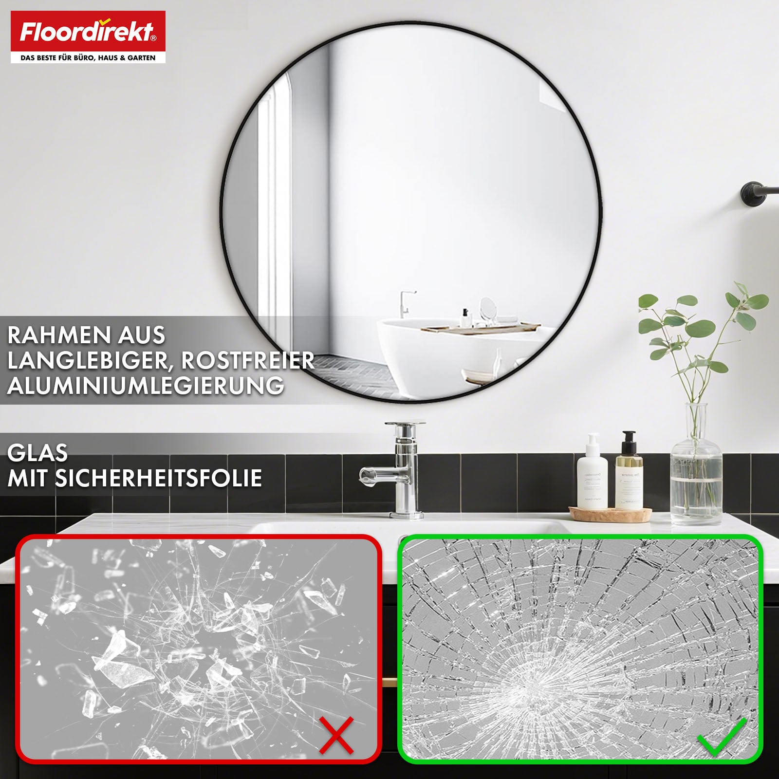 Wandspiegel | Bella | Runder Spiegel mit schwarzem Rahmen aus Aluminiumlegierung | In verschiedenen Größen erhältlich