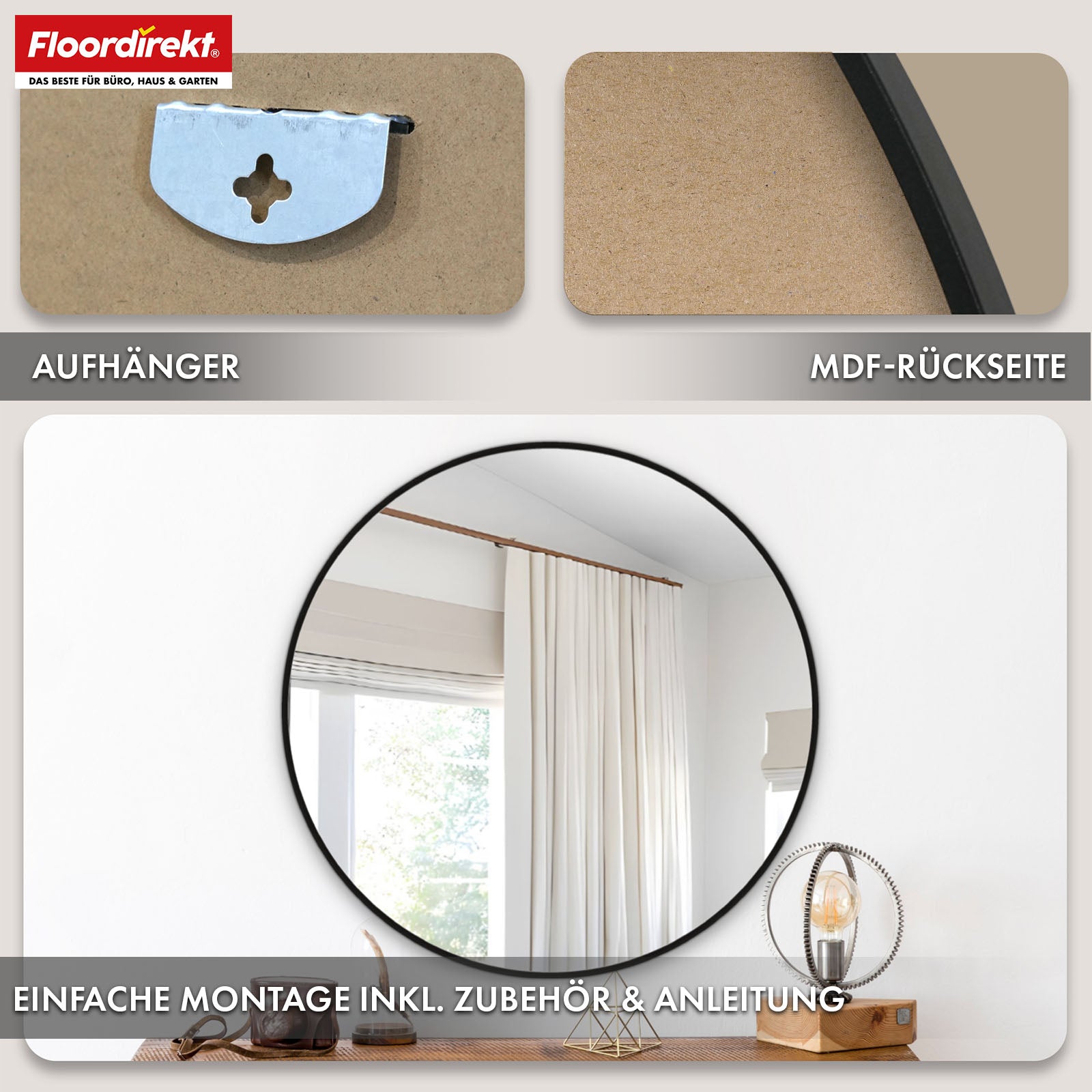 Wandspiegel | Bella | Runder Spiegel mit schwarzem Rahmen aus Aluminiumlegierung | In verschiedenen Größen erhältlich