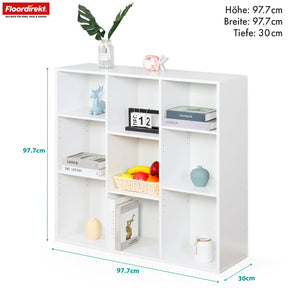 Bücherregal | Arkansas | Weißes MDF-Standregal mit 5–9 Fächern für Bücher und Wohnaccessoires