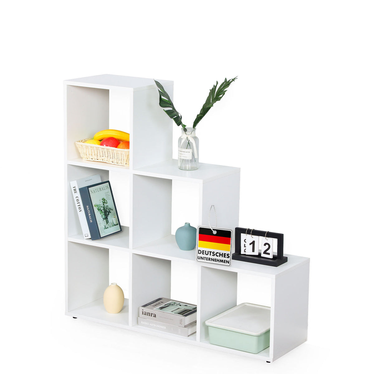 Bücherregal | Carolina | Weißes Stufenregal aus MDF mit 6 Fächern für Bücher, Pflanzen & Deko