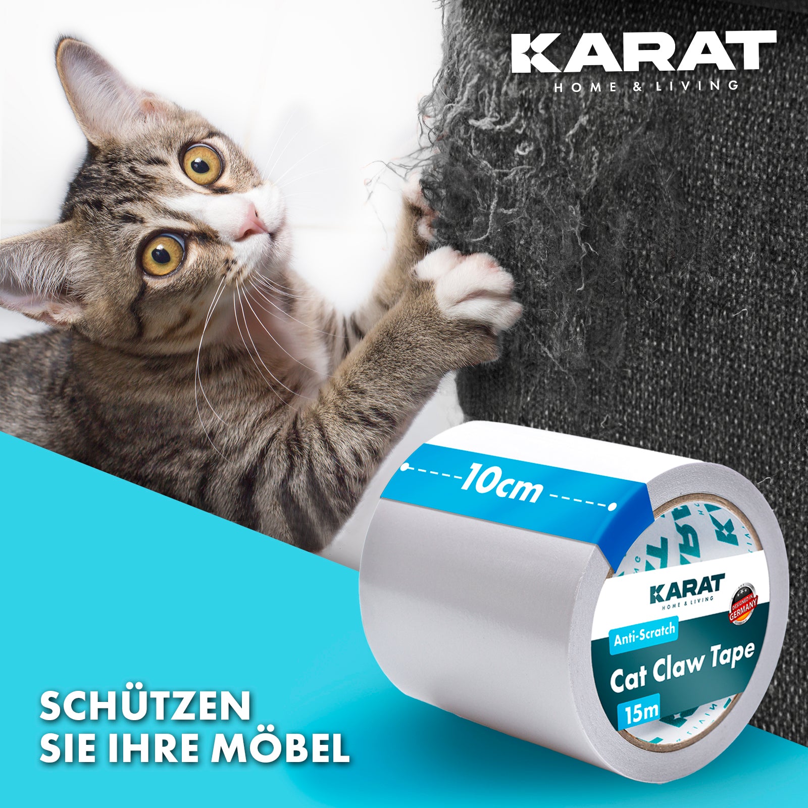 Katzen Kratzschutz | Selbstklebende Kratzfolie | Trainingsklebeband | Möbelschutz | Transparent | 15 m x 10 cm