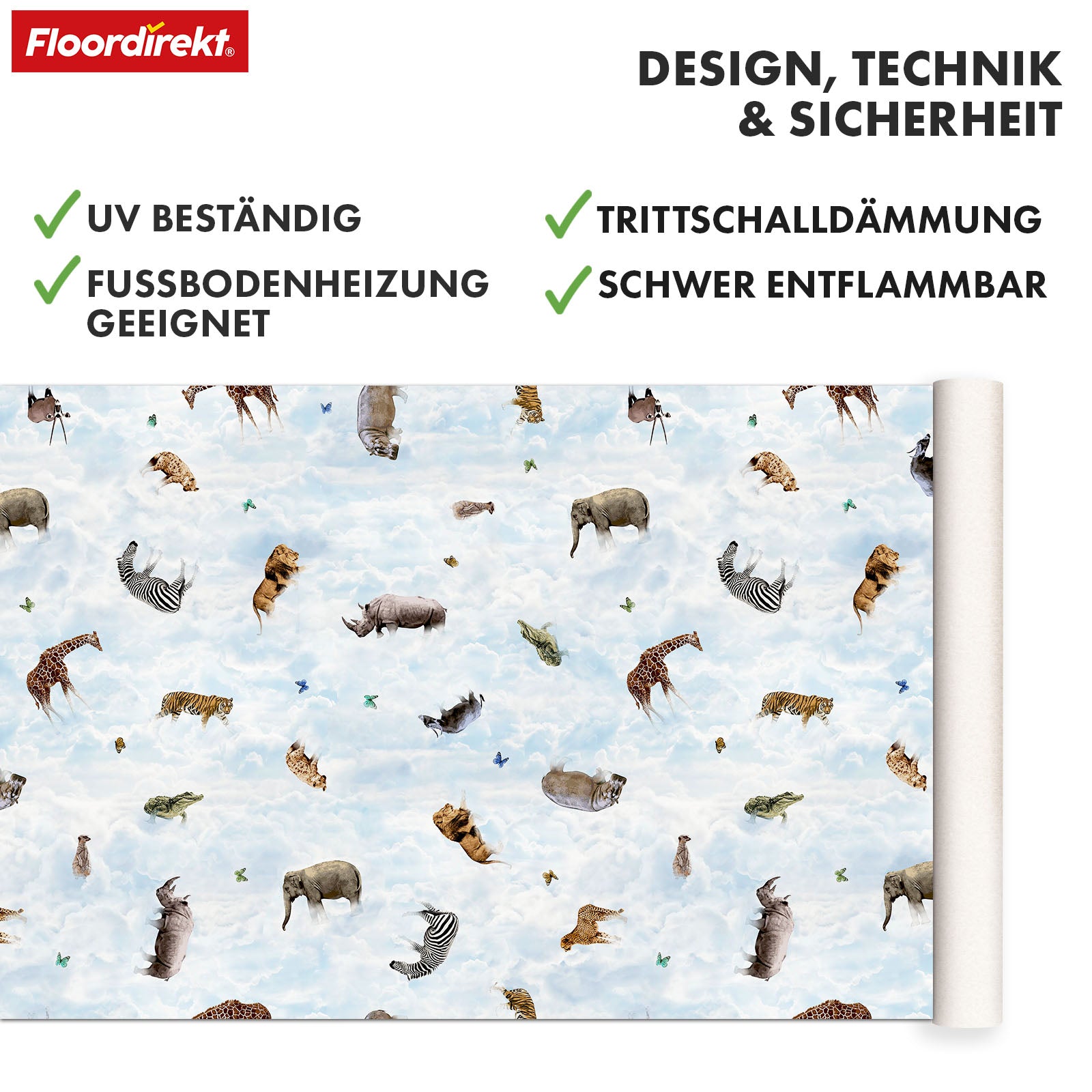 3D CV-Belag | Clouds Safari | Vinyl-Bodenbelag mit realistischem Tier- & Wolkendesign