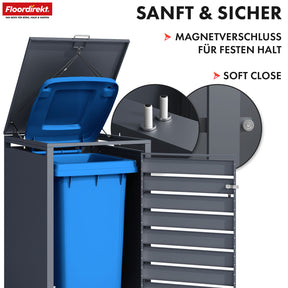Mülltonnenbox | Johan | Anthrazitfarbene Mülltonnenverkleidung mit Holzdekor und robustem Edelstahlrahmen | 1–3 Türen | Mülltonnenaufbewahrung für 60–240 L