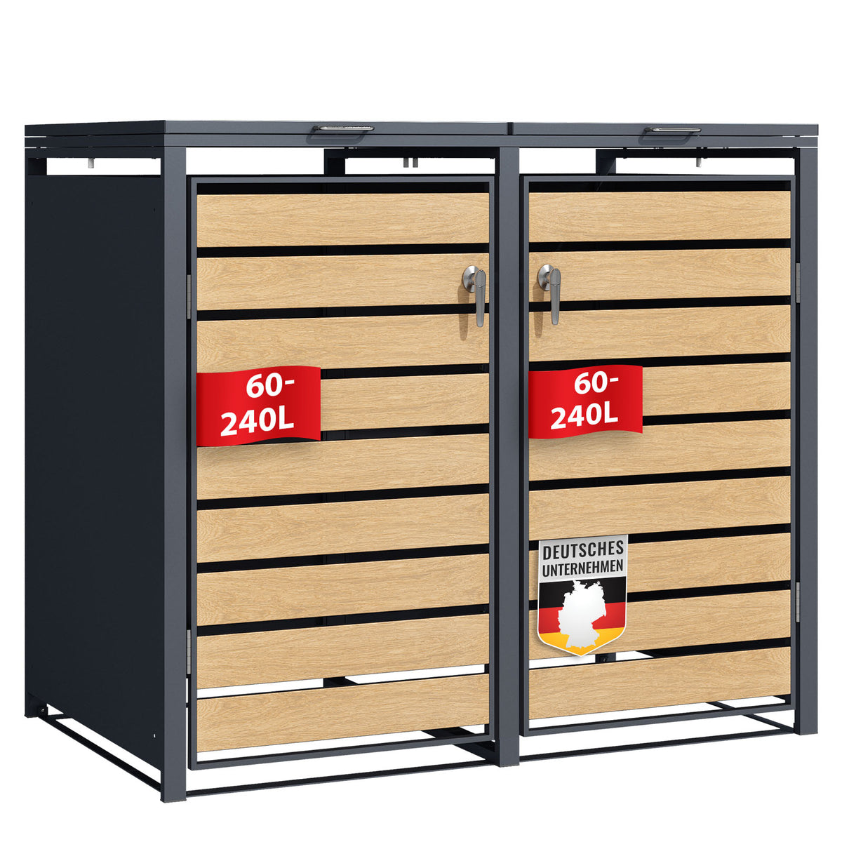 Mülltonnenbox | Johan | Anthrazitfarbene Mülltonnenverkleidung mit Holzdekor und robustem Edelstahlrahmen | 1–3 Türen | Mülltonnenaufbewahrung für 60–240 L
