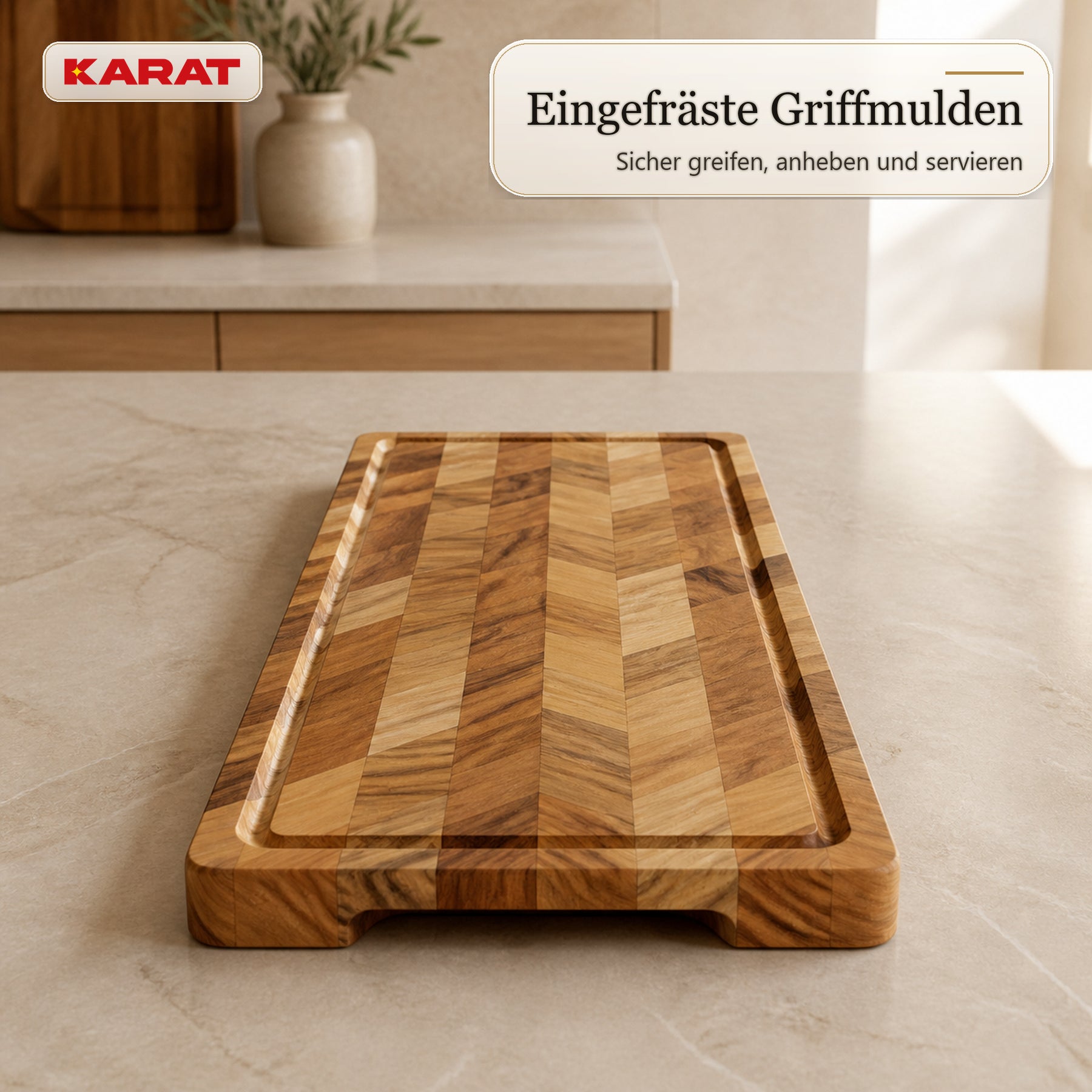 Schneidebrett | Aurelin Teak Herringbone | Massives Teakholz mit Saftrille & Griffmulden | 3 Größen