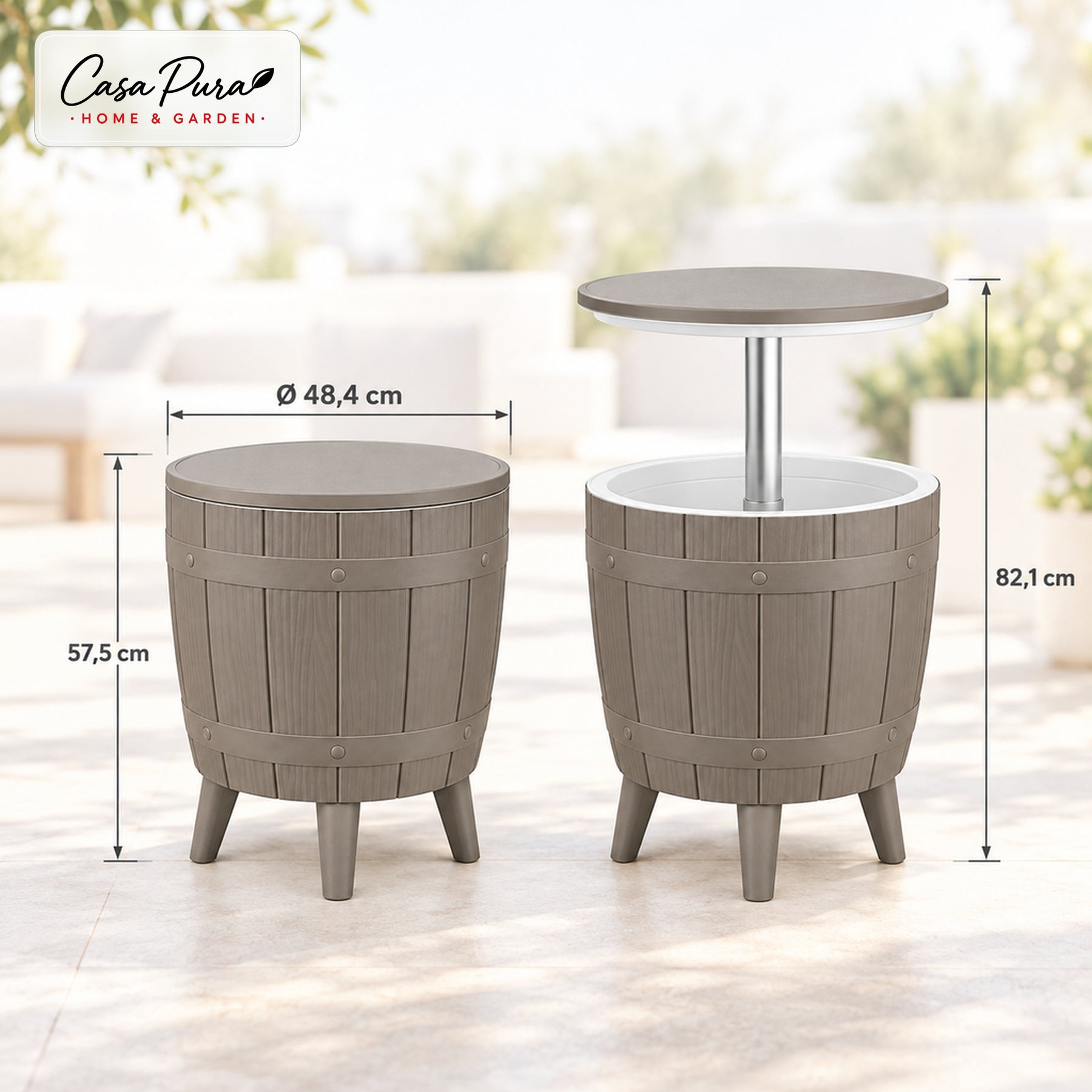 Getränkekühler Tisch | Bora | Höhenverstellbarer Gartentisch mit 37 L Kühlfach in Fass-Optik | 2 Farben