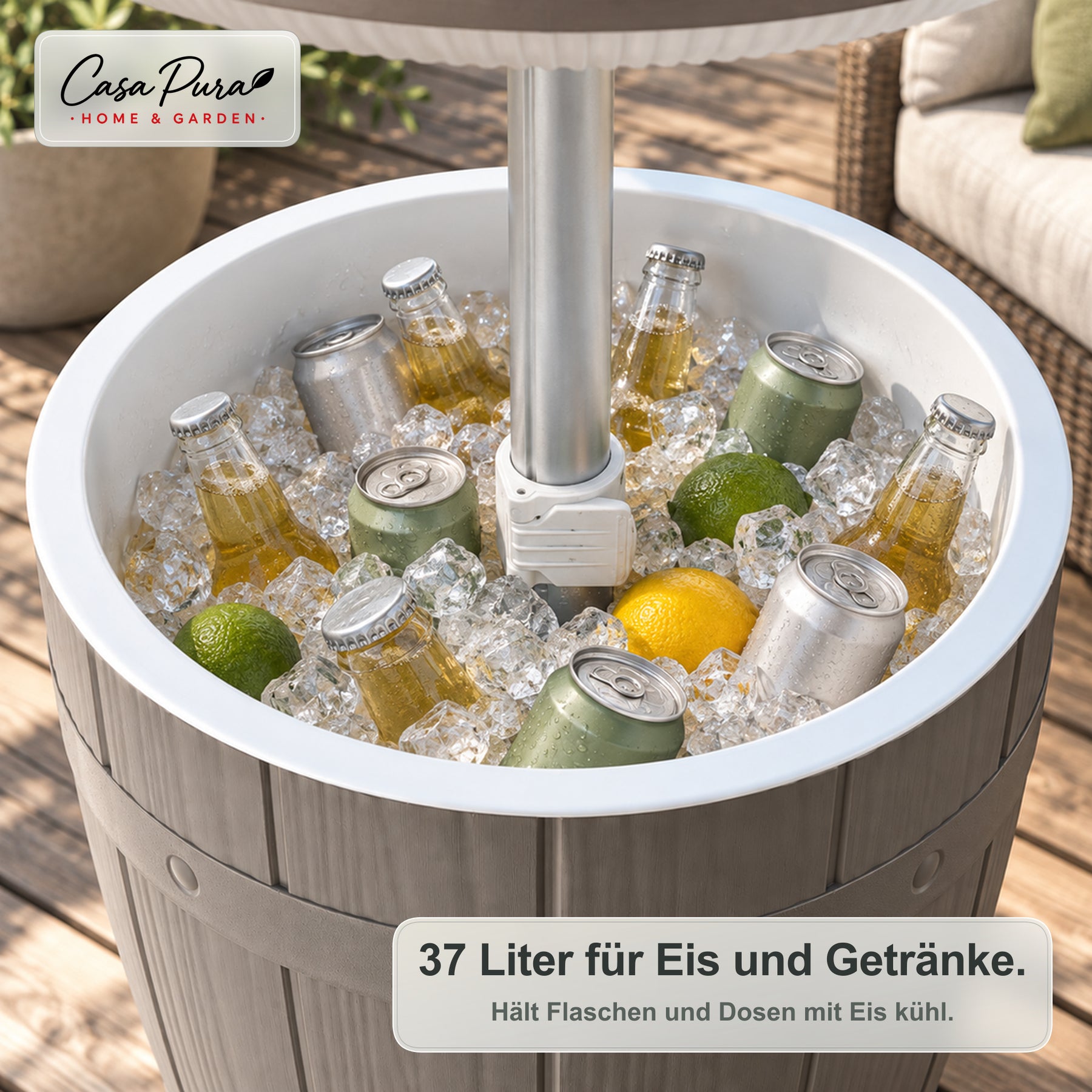 Getränkekühler Tisch | Bora | Höhenverstellbarer Gartentisch mit 37 L Kühlfach in Fass-Optik | 2 Farben