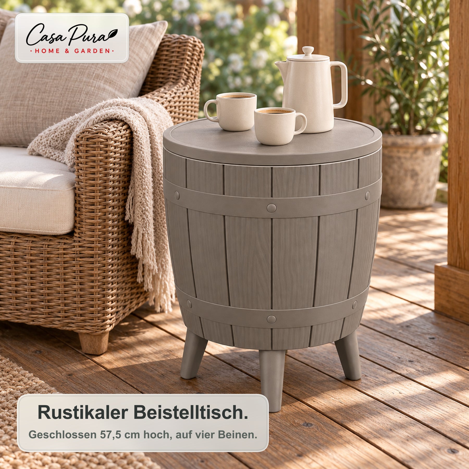 Getränkekühler Tisch | Bora | Höhenverstellbarer Gartentisch mit 37 L Kühlfach in Fass-Optik | 2 Farben