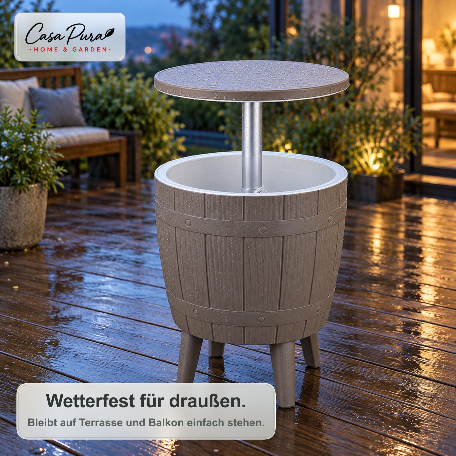 Getränkekühler Tisch | Bora | Höhenverstellbarer Gartentisch mit 37 L Kühlfach in Fass-Optik | 2 Farben