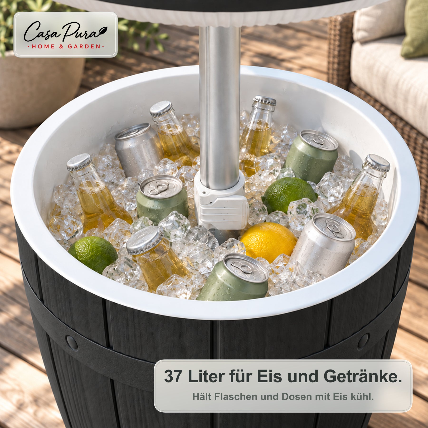 Getränkekühler Tisch | Bora | Höhenverstellbarer Gartentisch mit 37 L Kühlfach in Fass-Optik | 2 Farben